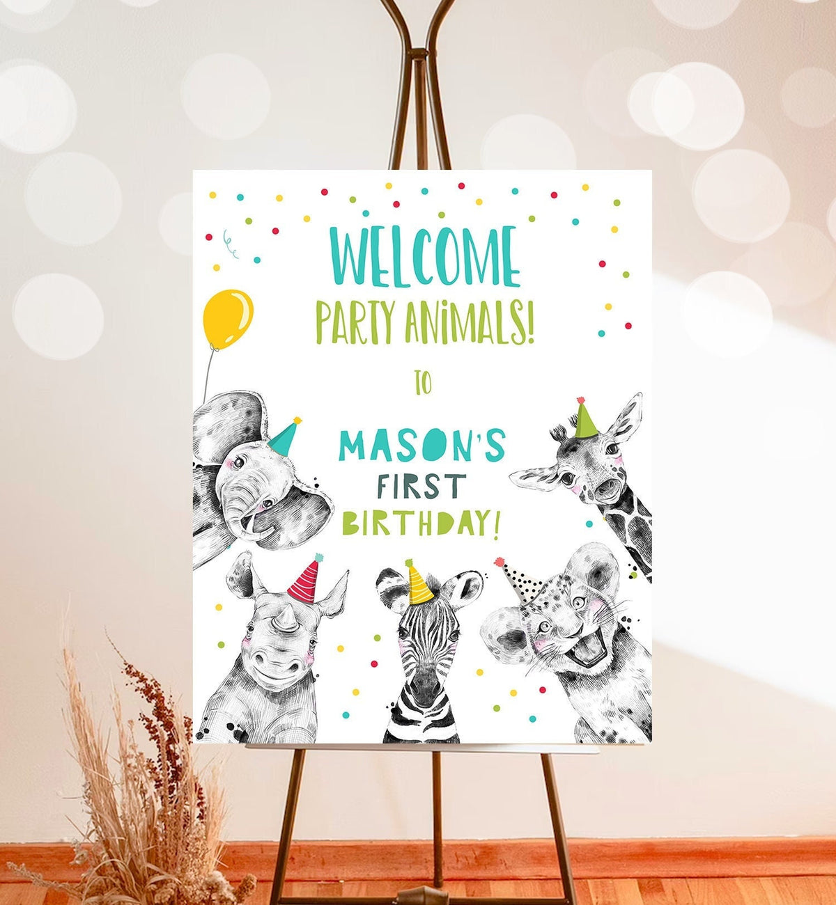 Editable Party Animals Birthday Welcome Sign Safari Animals Sign Welcome Jungle Sign Birthday Animals Boy Corjl Template Printable 0390