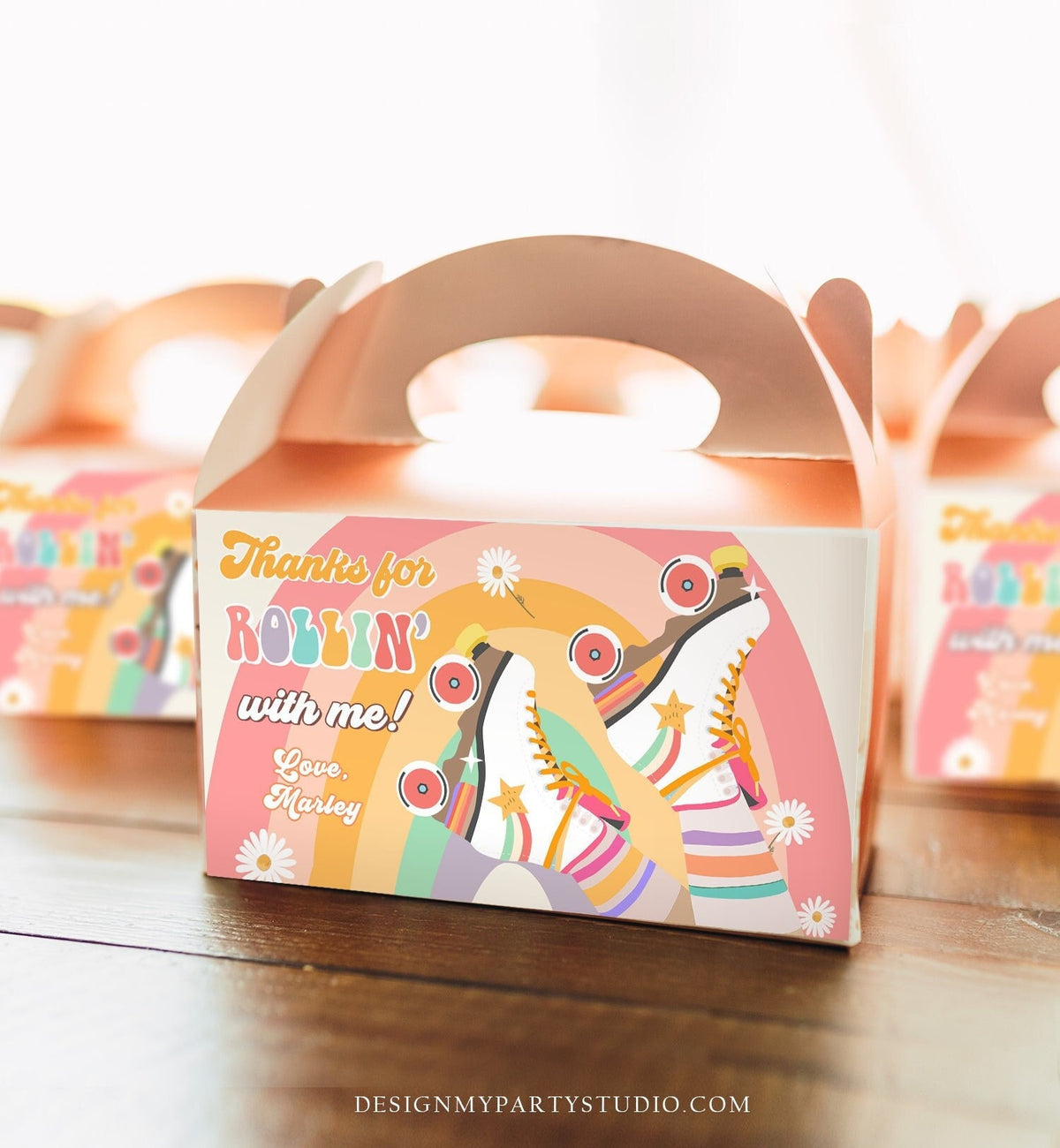 Editable Retro Skate Birthday Party Gable Box Favor Label 70&#39;s Gift Box Labels Skating Party Rolling Roller Download Template Printable 0435