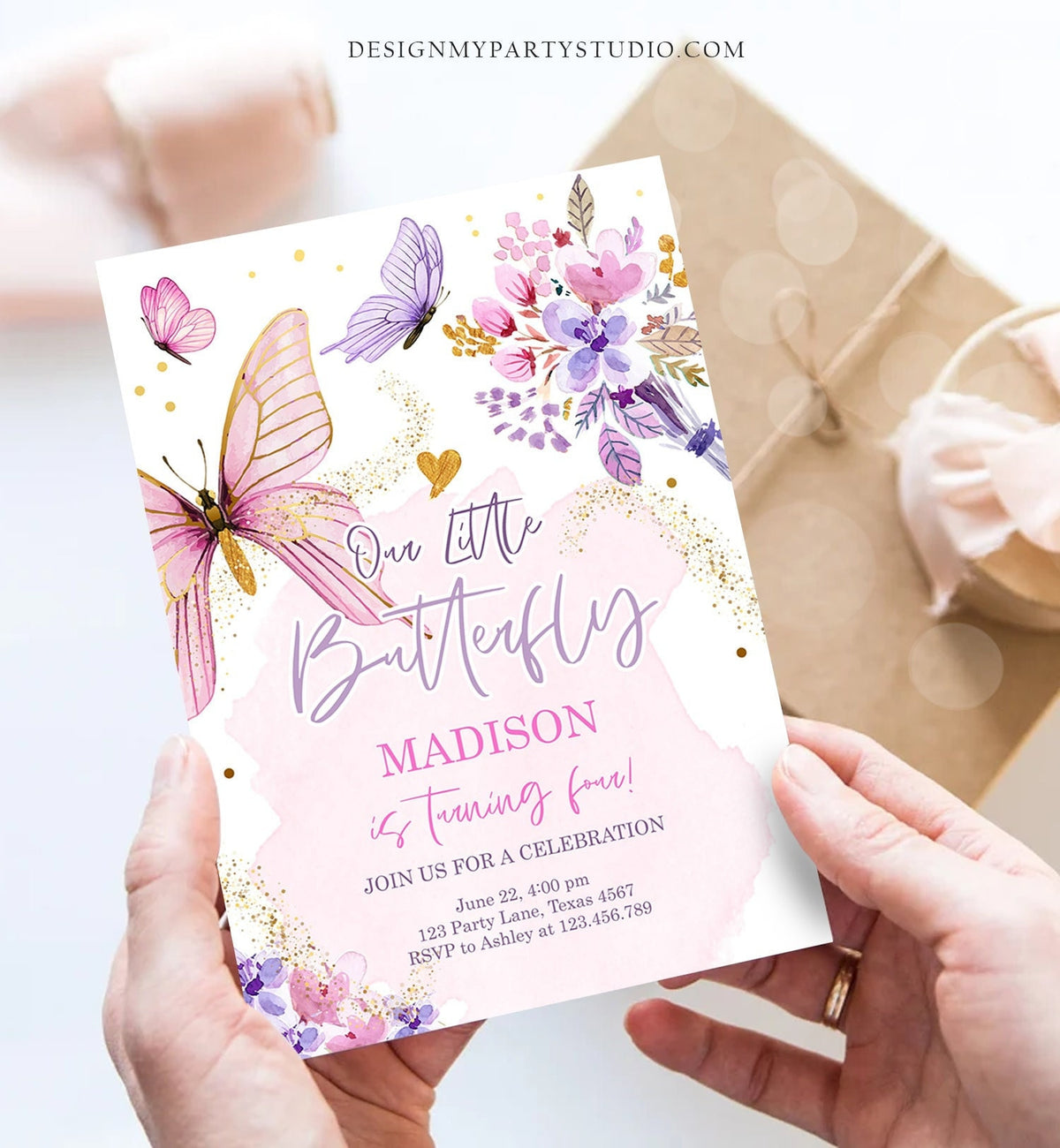 Editable Butterfly Birthday Invitation Girl Purple Butterfly Invite 1st Birthday Party Floral Pink Download Printable Template Corjl 0437