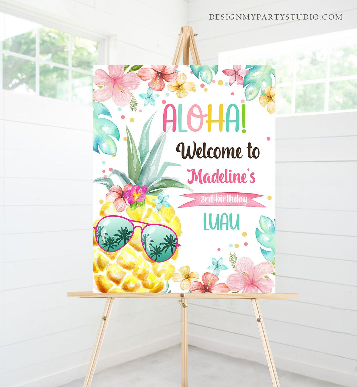 Editable Pineapple Welcome Sign Tropical Hawaiian Luau Birthday Sign Girl Pink Aloha Party Welcome Poster Template Corjl PRINTABLE 0391