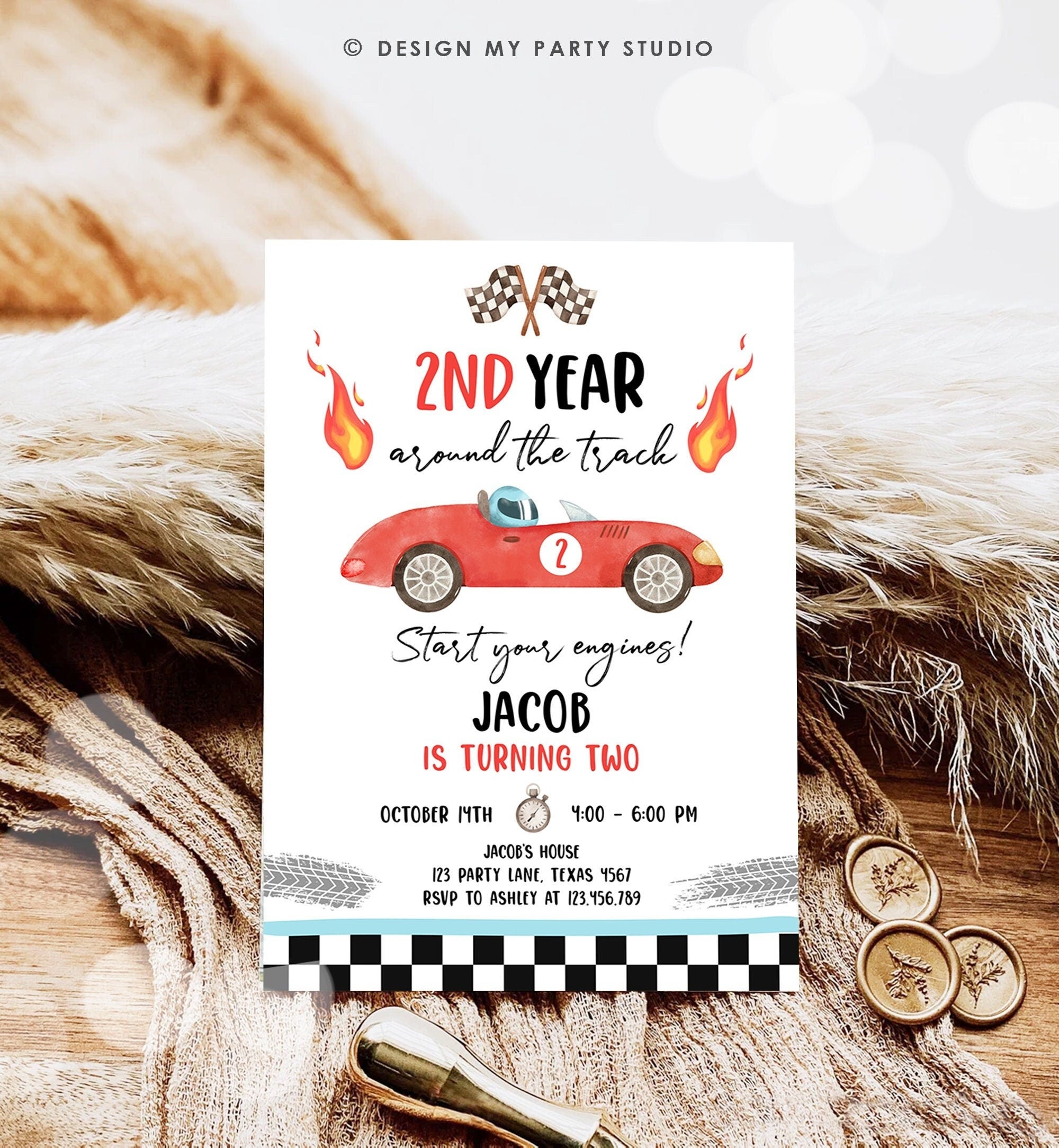 Editable 2nd Year Around the Track Birthday Invitation Boy Red Two Fast Party Race Car Second Birthday Racing Corjl Template Printable 0424