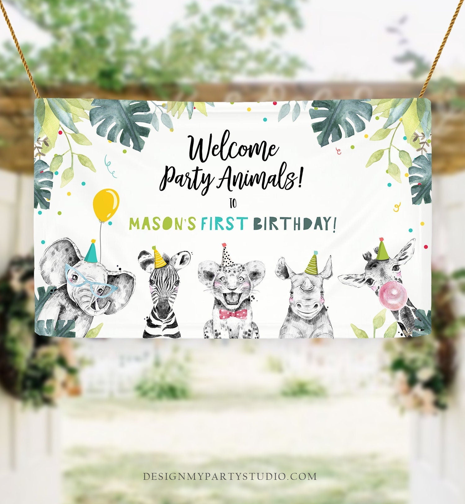 Editable Party Animals Birthday Backdrop Banner Welcome Safari Animals Boy First Birthday Sign Green Download Corjl Template Printable 0322