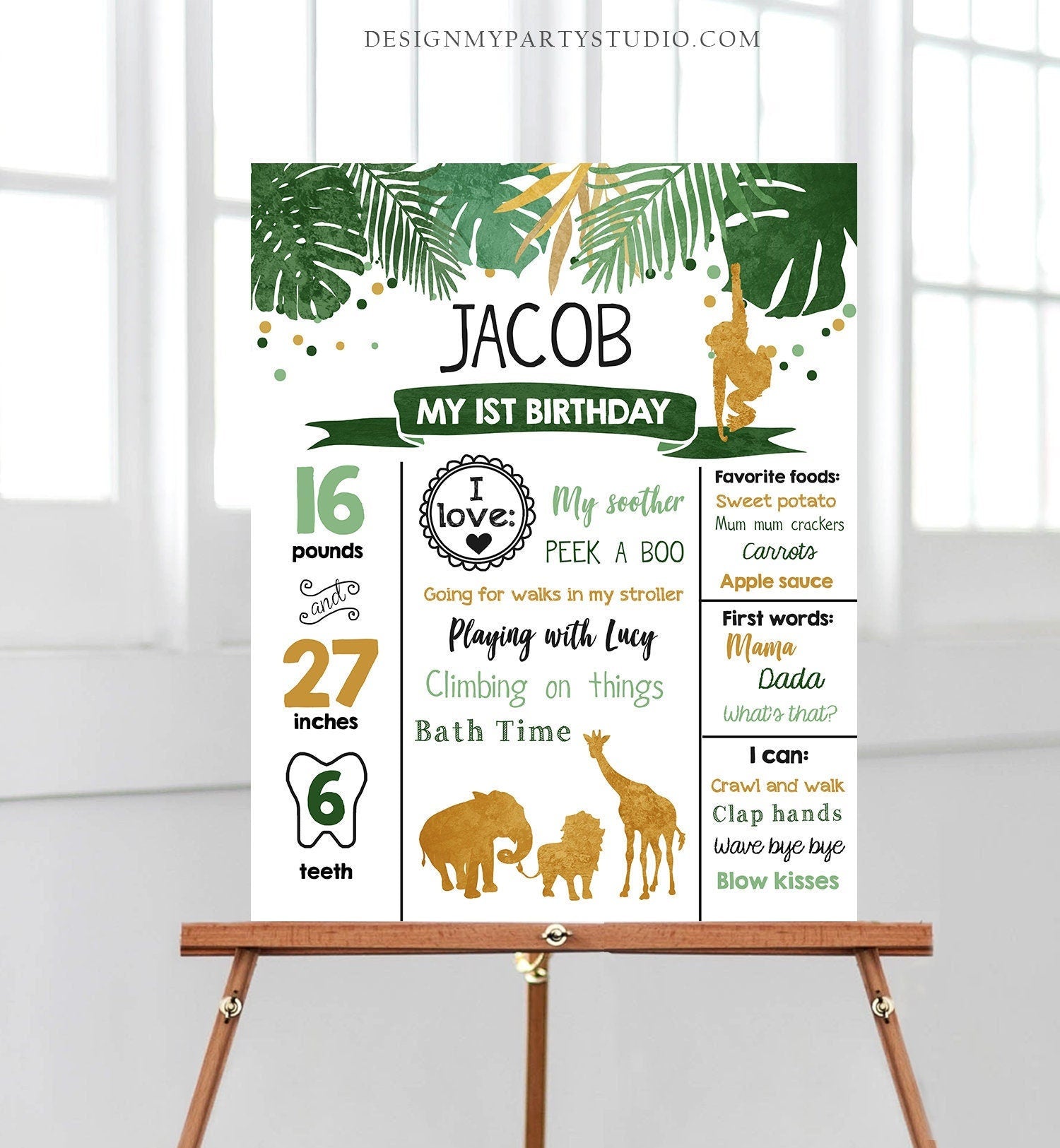 Editable Safari Animals Birthday Milestones Sign Wild One First Birthday Zoo Jungle Party 1st Wild Boy Gold Corjl Template Printable 0016