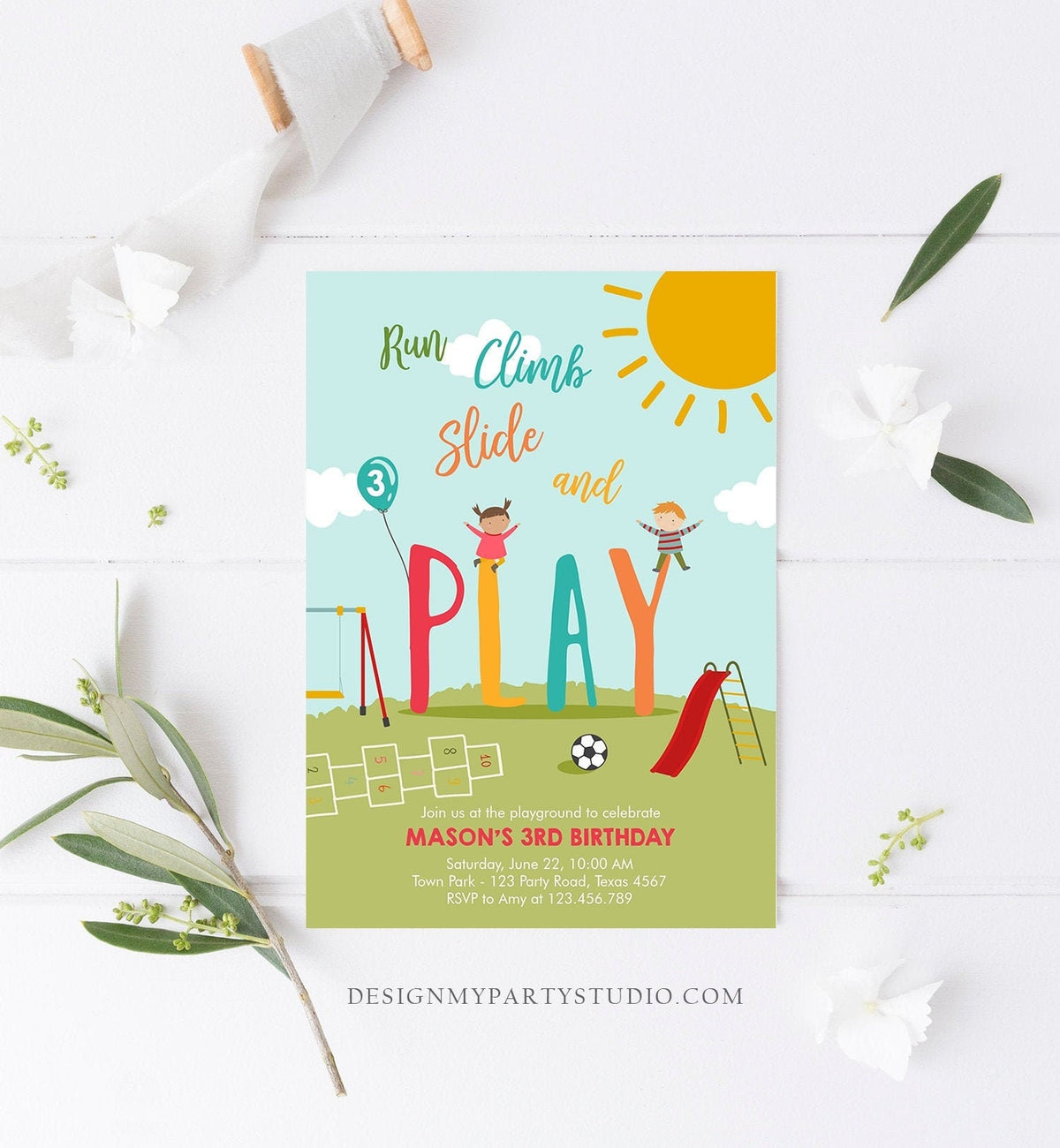 Editable Playground Birthday Invitation Party In The Park Boy Blue Run Climb Slide and Play Download Printable Template Corjl Digital 0327