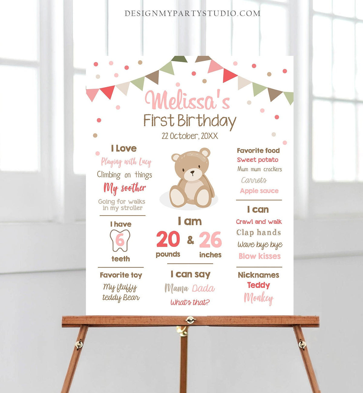 Editable Teddy Bear Birthday Milestones Sign Teddy Bear Picnic Birthday First Birthday Girl Little Cub Pink Digital Template Printable 0100