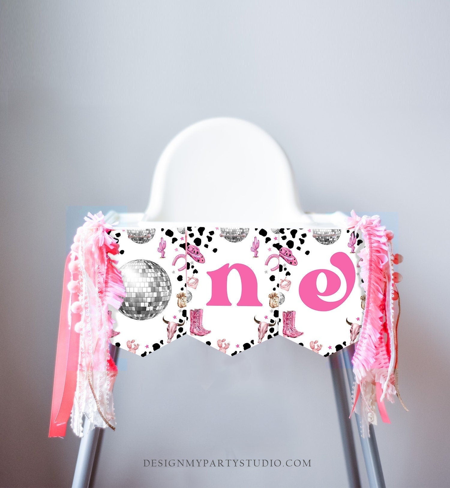 Space Cowgirl High Chair Banner Disco Cowgirl 1st First Birthday Pink First Rodeo Wild West Country ONE Decor Girl PRINTABLE Digital 0455