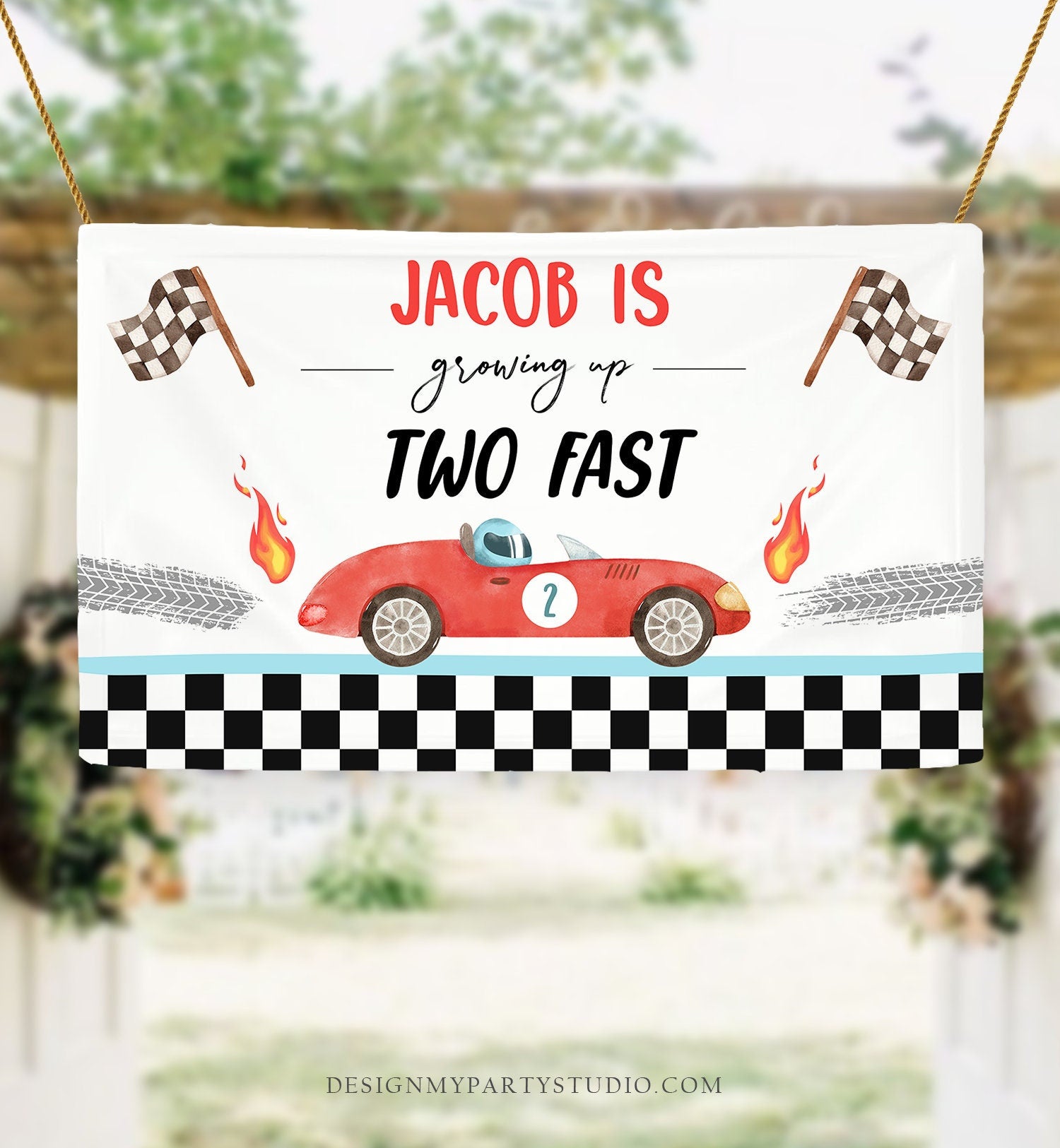 Editable Racing Car Backdrop Banner Growing Up Two Fast Birthday Boy 2nd Second 2 Fast Race Instant Download Corjl Template Printable 0424