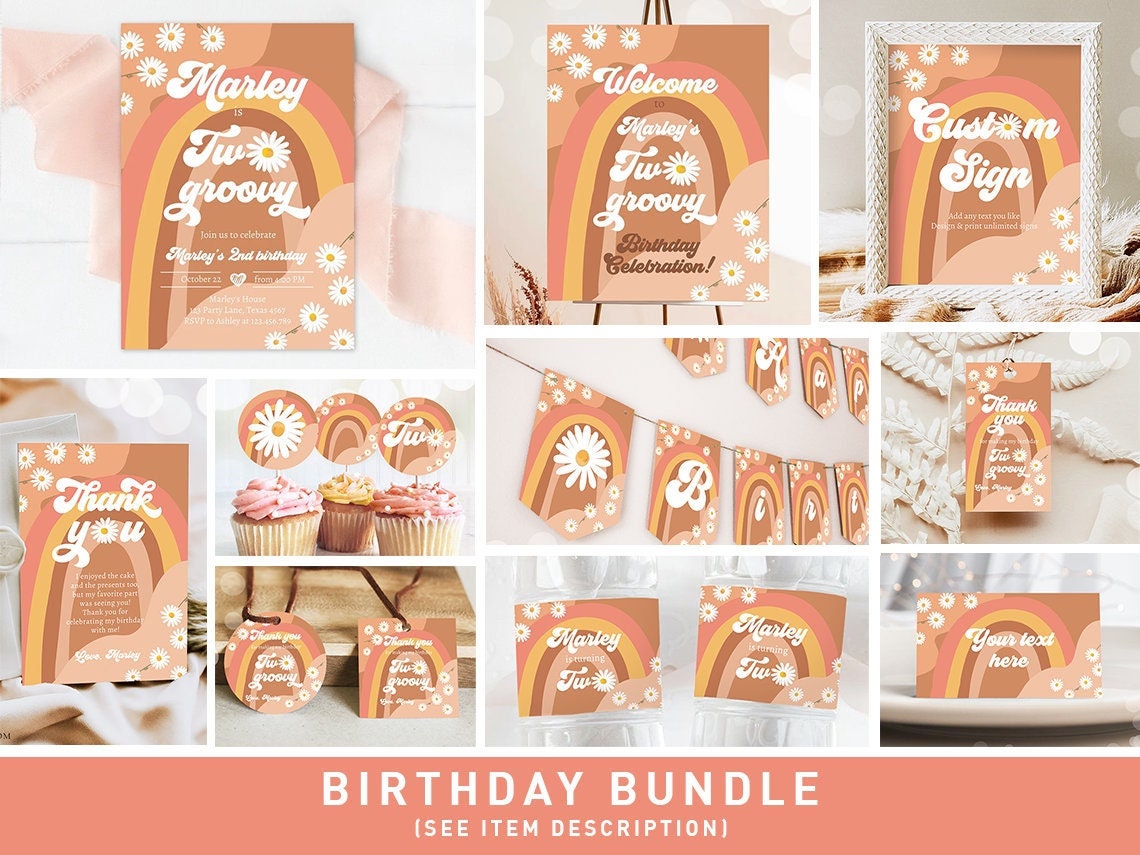 Two Groovy Birthday Invitation Bundle 2nd Birthday Boho Invite Kit Retro Rainbow Party Package Peace Love 70&#39;s Printable Corjl Template 0428