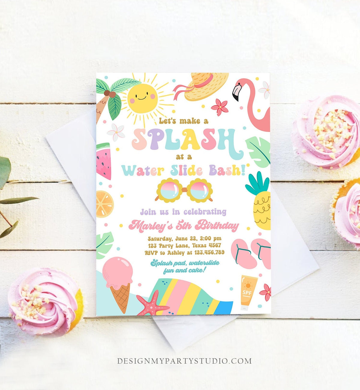 Editable Splish Splash Birthday Invitation Pool Party Girl Summer Waterslide Water Party Pink Download Printable Invite Template Corjl 0465