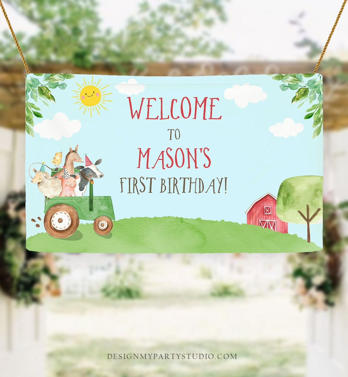 Editable Farm Animals Birthday Backdrop Banner Boy Barnyard Green Tractor Welcome Sign Party Animals Download Corjl Template Printable 0155