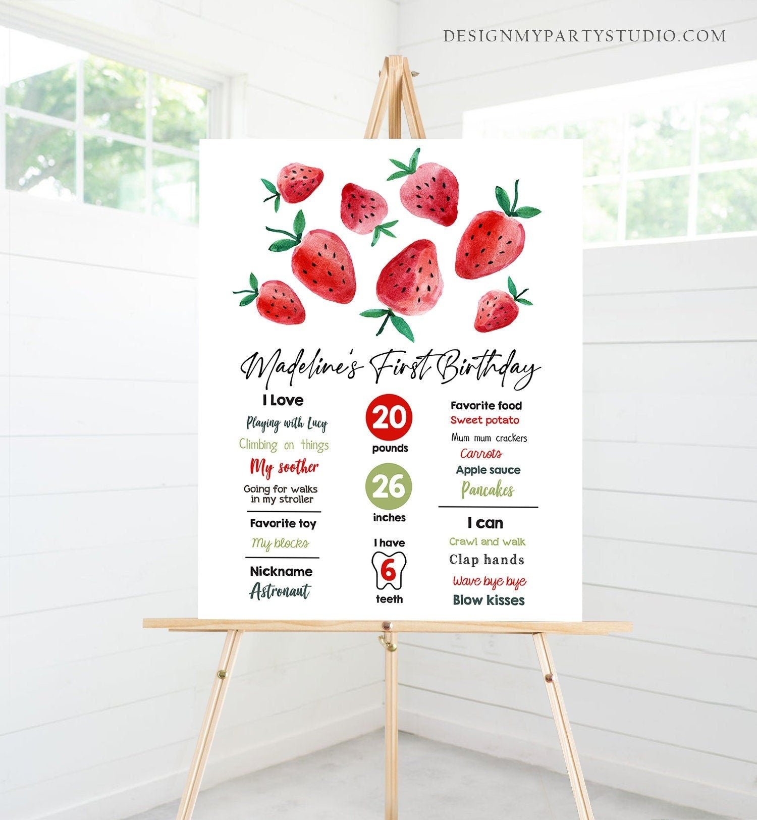 Editable Strawberry Birthday Milestones Sign Strawberry First Birthday Girl Strawberries Watercolor Download Template Printable Corjl 0399