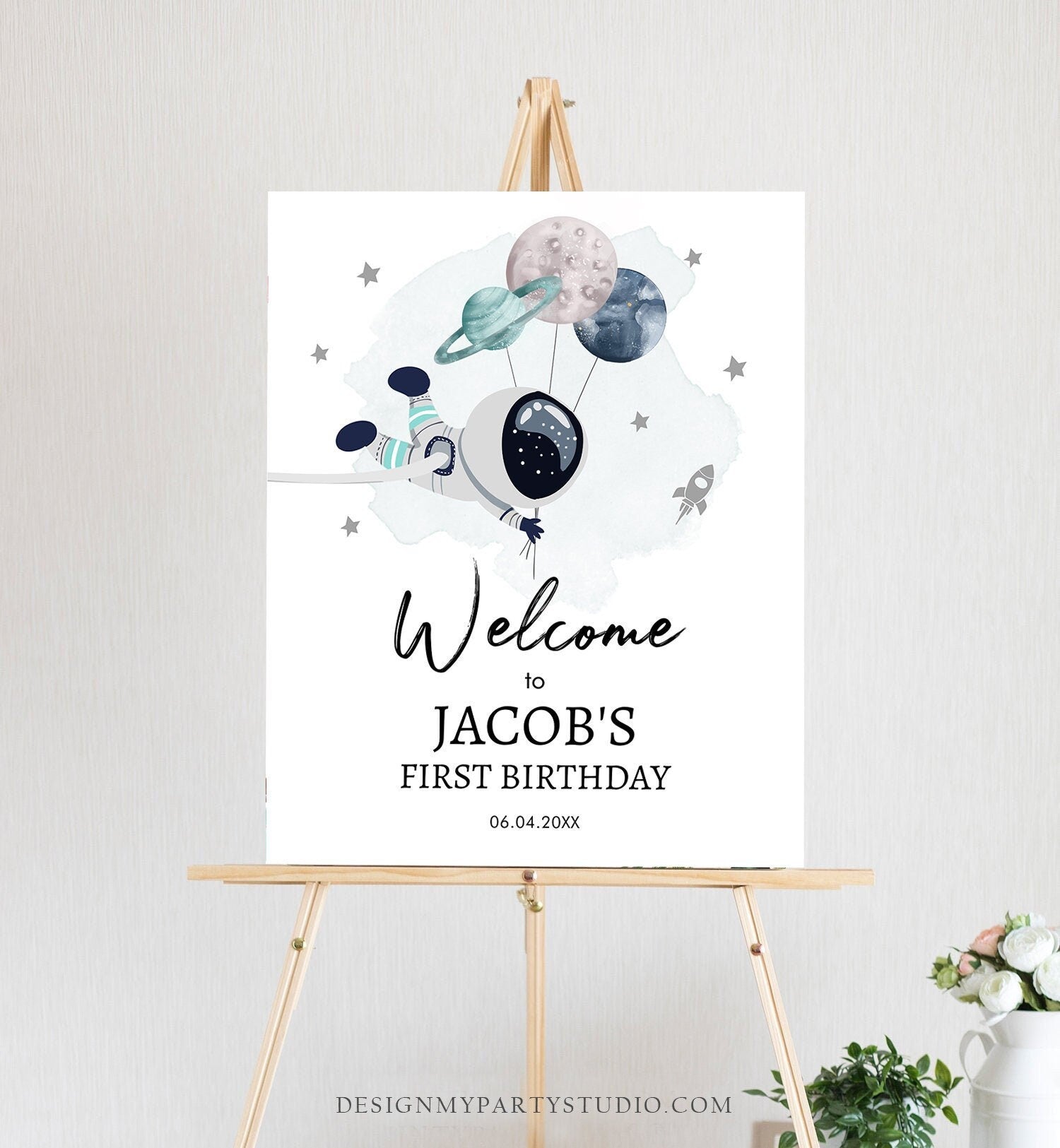 Editable Outer Space Birthday Welcome Sign 1st Birthday Boy Galaxy Planets Trip Around the Sun Astronaut Template PRINTABLE Corjl 0366