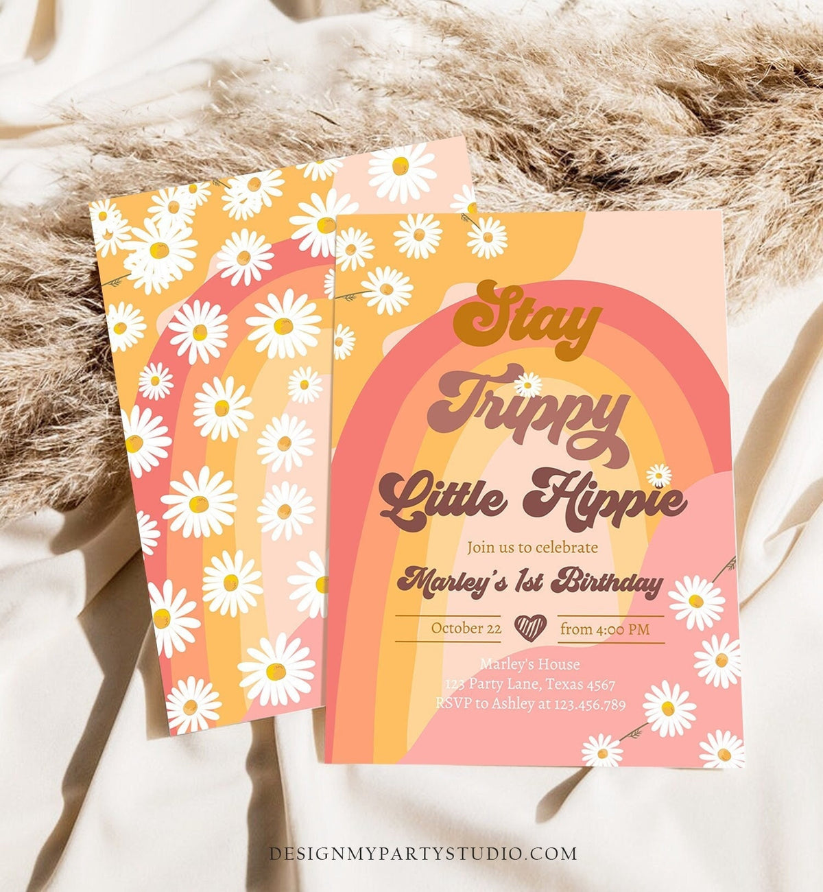 Editable Groovy Retro 1st Birthday Invitation First Birthday Retro Stay Trippy Little Hippie Download Printable Template Corjl Digital 0428