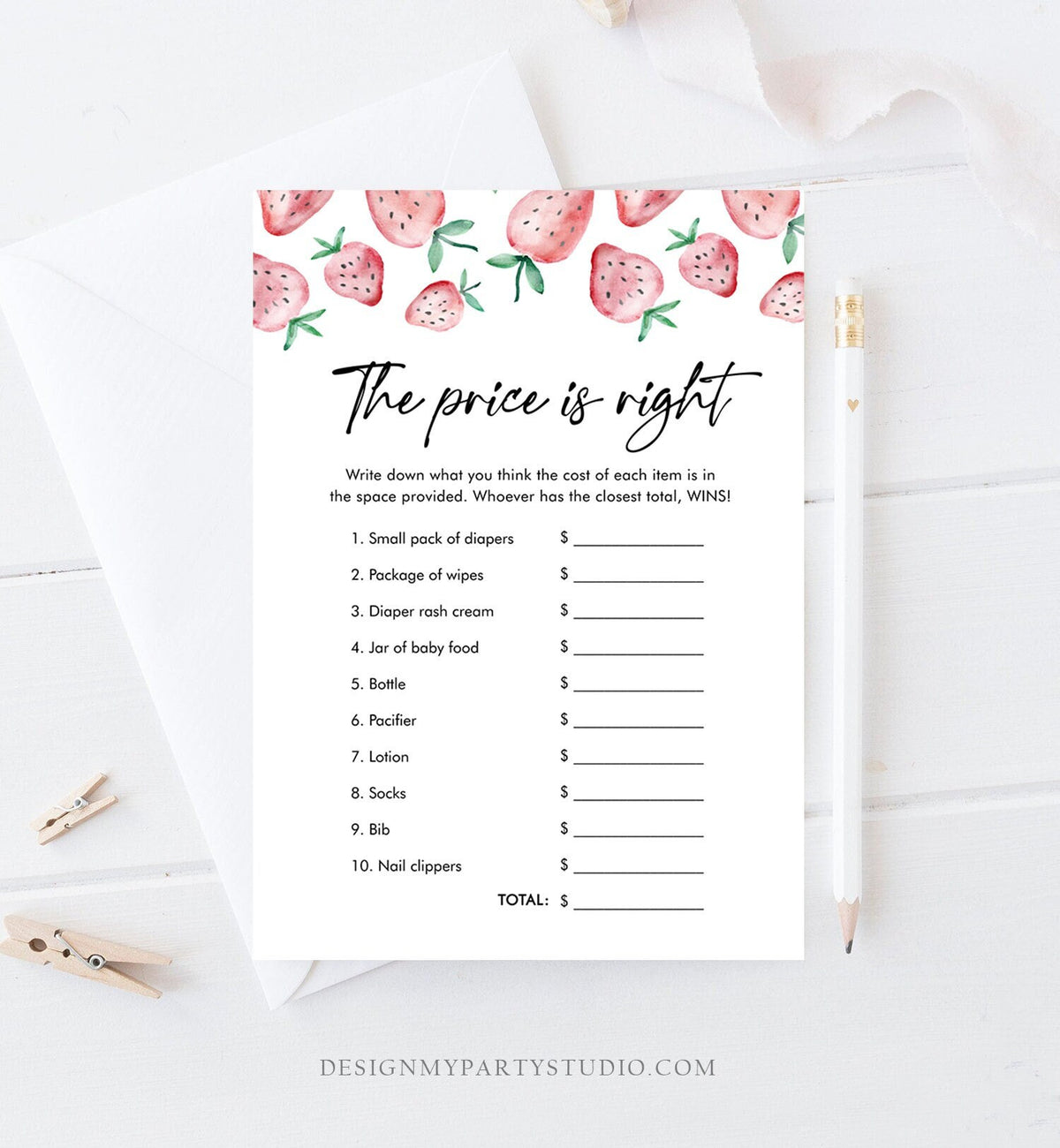 Editable The Price is Right Game Strawberry Baby Shower Baby Coed Sprinkle Strawberries Pink Instant Download Corjl Template Printable 0399