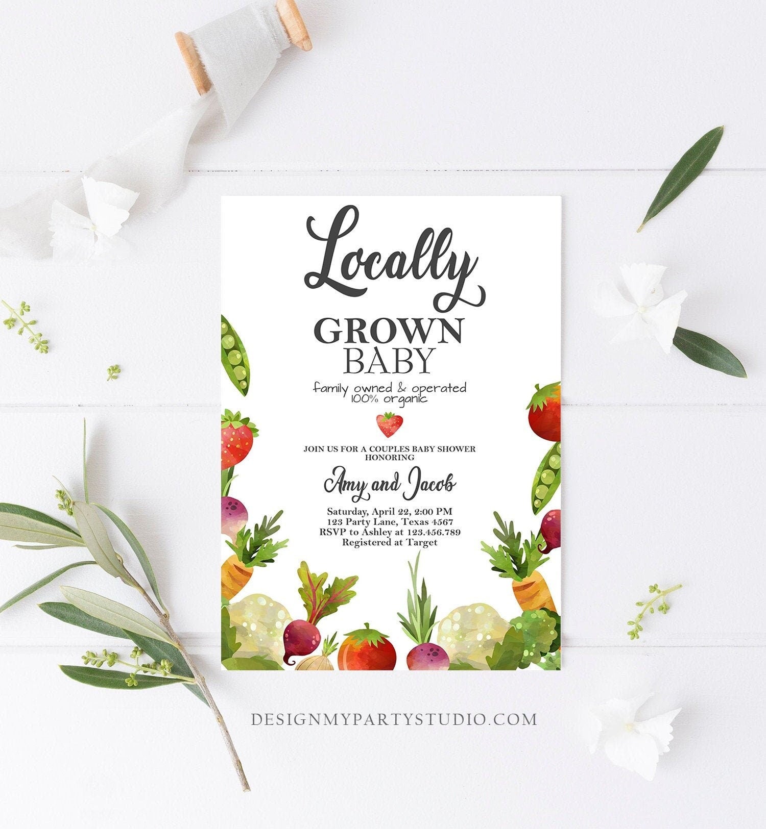 Editable Locally Grown Baby Shower Invitation Farmers Market Fruits and Veggies Vegetable Download Evite Corjl Template Printable 0144