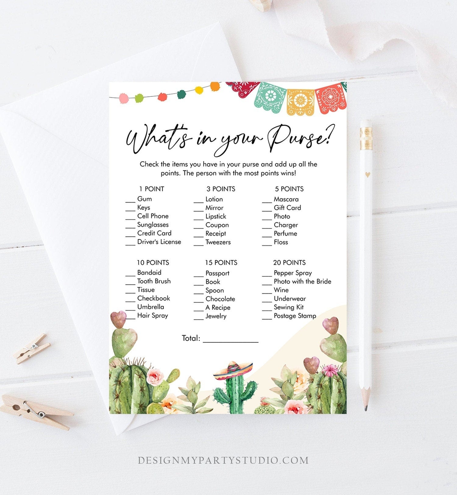 Editable Whats in Your Purse Bridal Shower Game Cactus Fiesta Mexican Coed Shower Succulent Wedding Activity Corjl Template Printable 0404