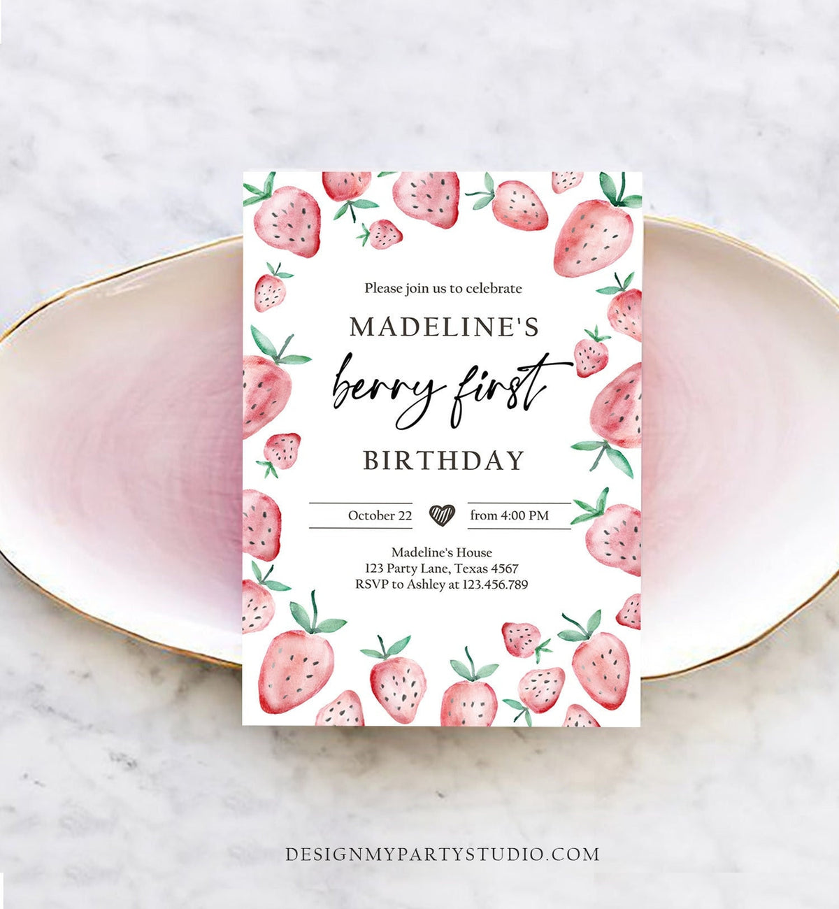 Editable Strawberry Birthday Invitation First Birthday Berry Sweet Girl Cute Strawberries 1st Download Printable Template Corjl Digital 0399