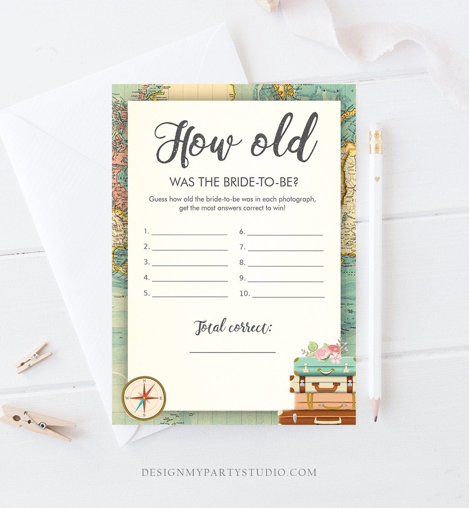 Editable How Old Was The Bride to Be Bridal Shower Game Travel Wedding Shower Activity Vintage Map Party Corjl Template Printable 0044