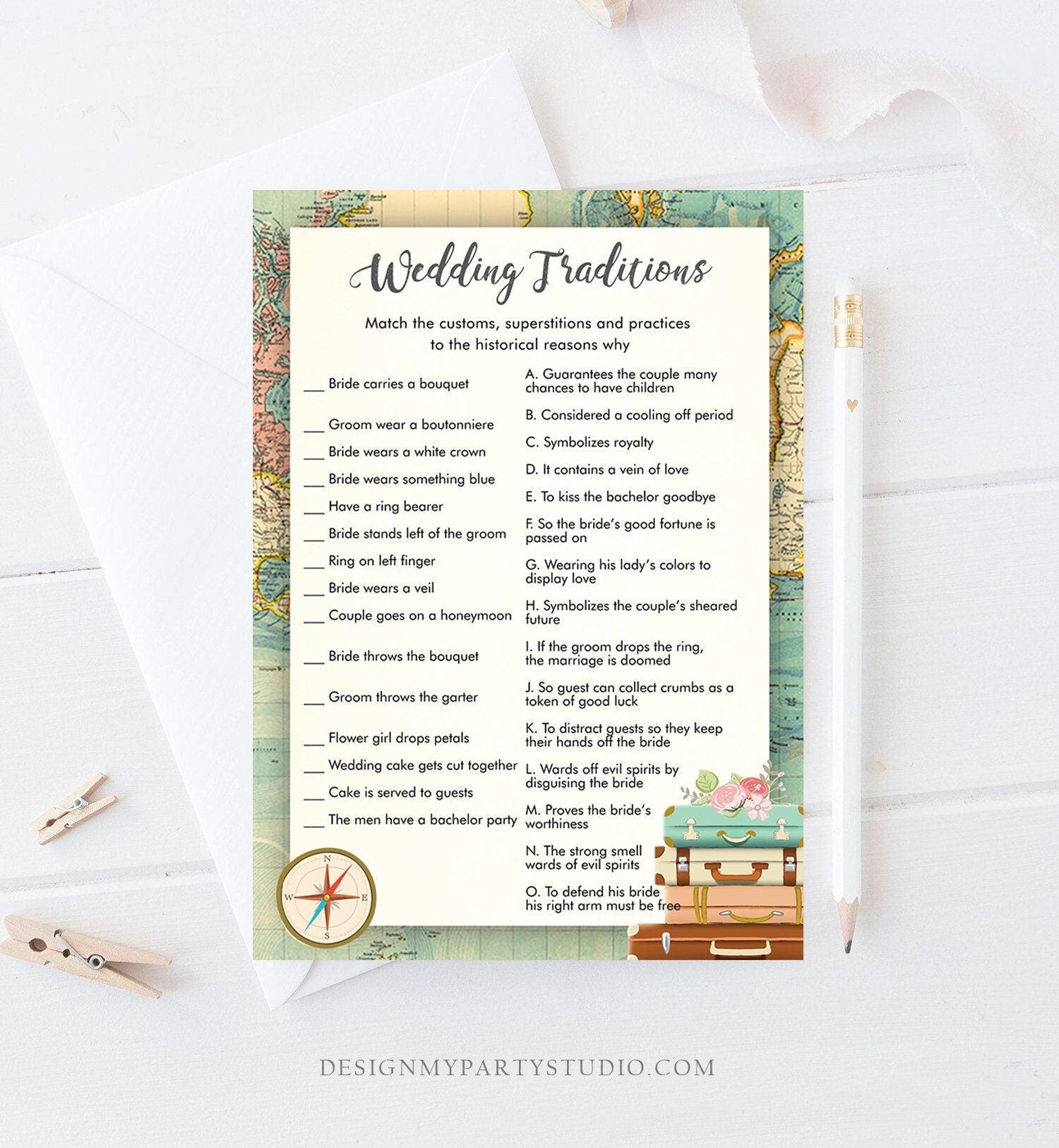 Editable Wedding Traditions Bridal Shower Game Travel Guessing Game Wedding Shower Activity Game Adventure Corjl Template Printable 0044