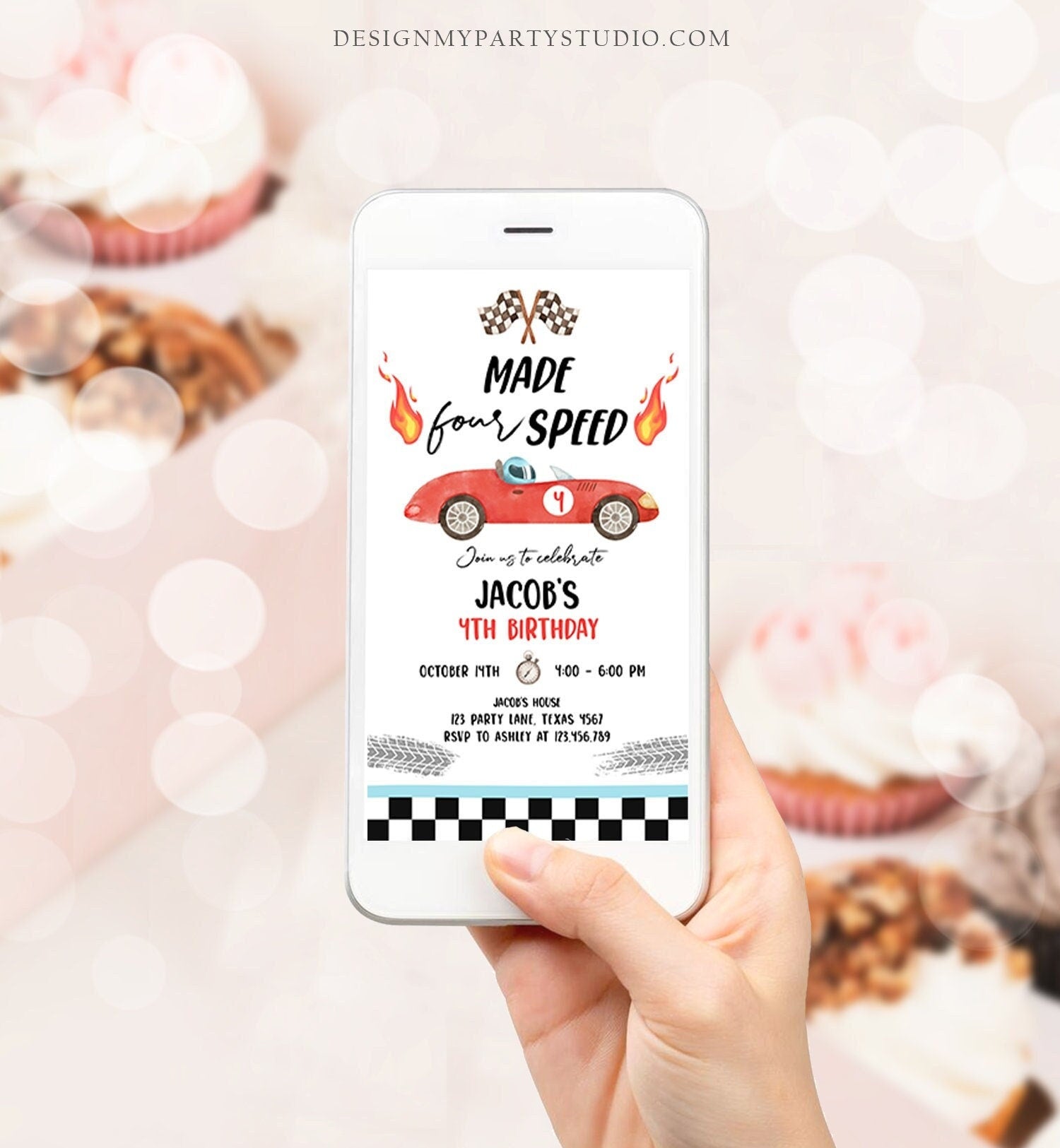 Editable Made Four Speed Race Car Fourth Birthday Invitation Boy Red 4th Birthday Racing Evite Made 4 Speed Corjl Template Printable 0424