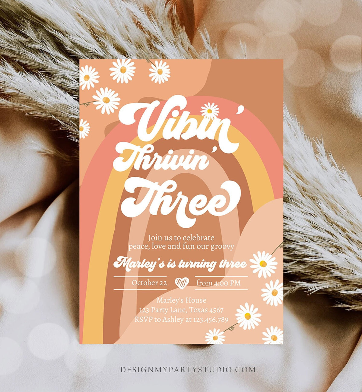 Editable Vibin&#39; Thrivin&#39; And Three Birthday Invitation 3rd Birthday Retro Floral 70s Rainbow Peace Love Download Template Corjl Digital 0428