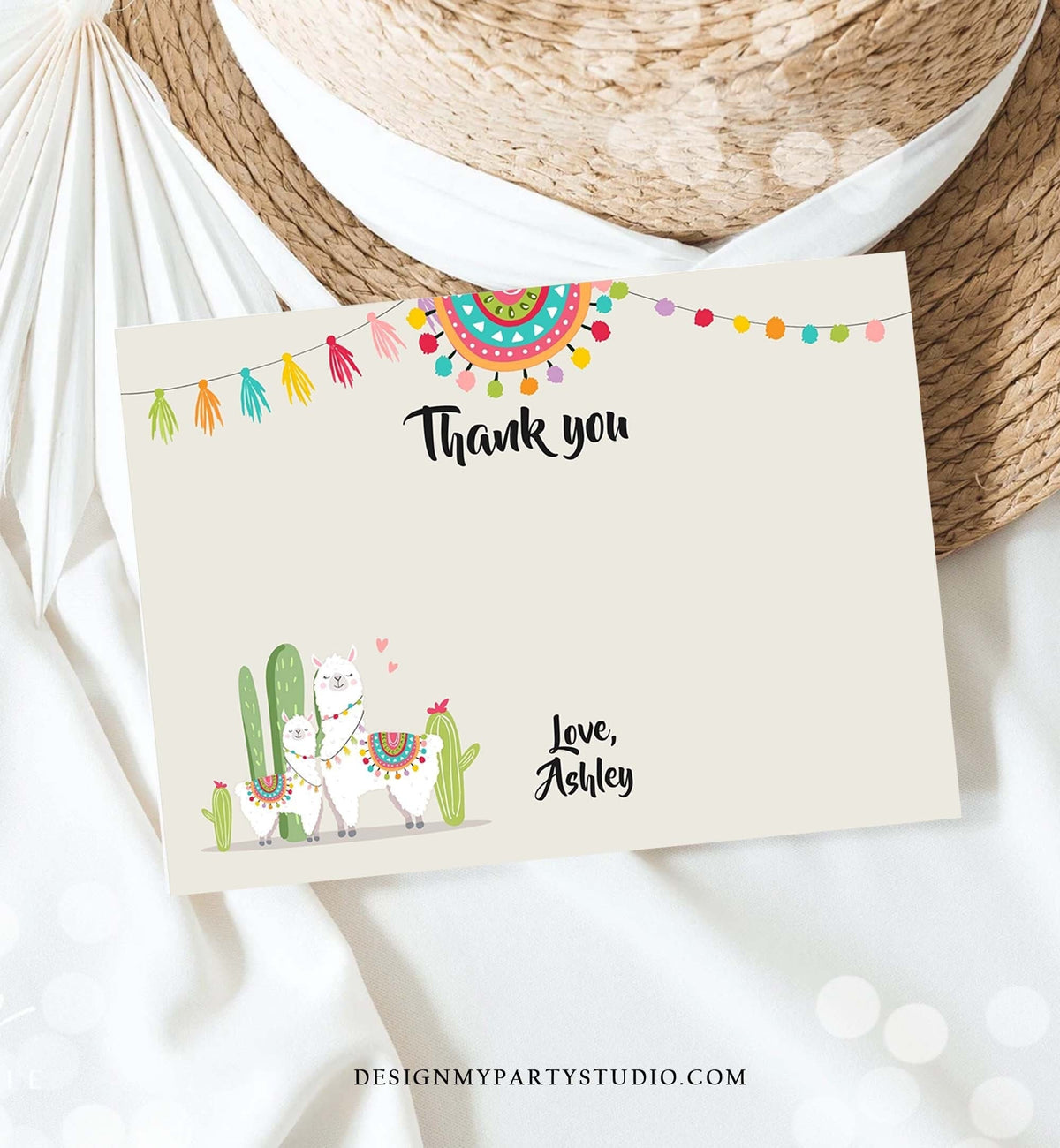 Editable Llama Thank You Card Fiesta Mexican Baby Shower Thank You Note Birthday Cactus Neutral Alpaca Corjl Template Printable 0079