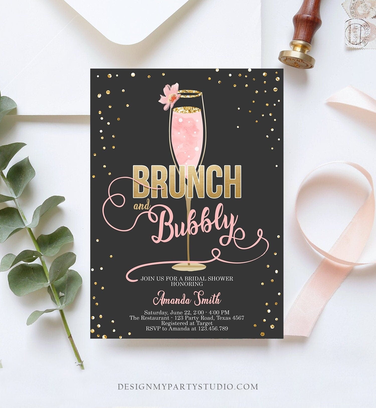 Editable Brunch and Bubbly Bridal Shower Invitation Floral Champagne Gold Pink Wedding Download Printable Template Digital Corjl 0150