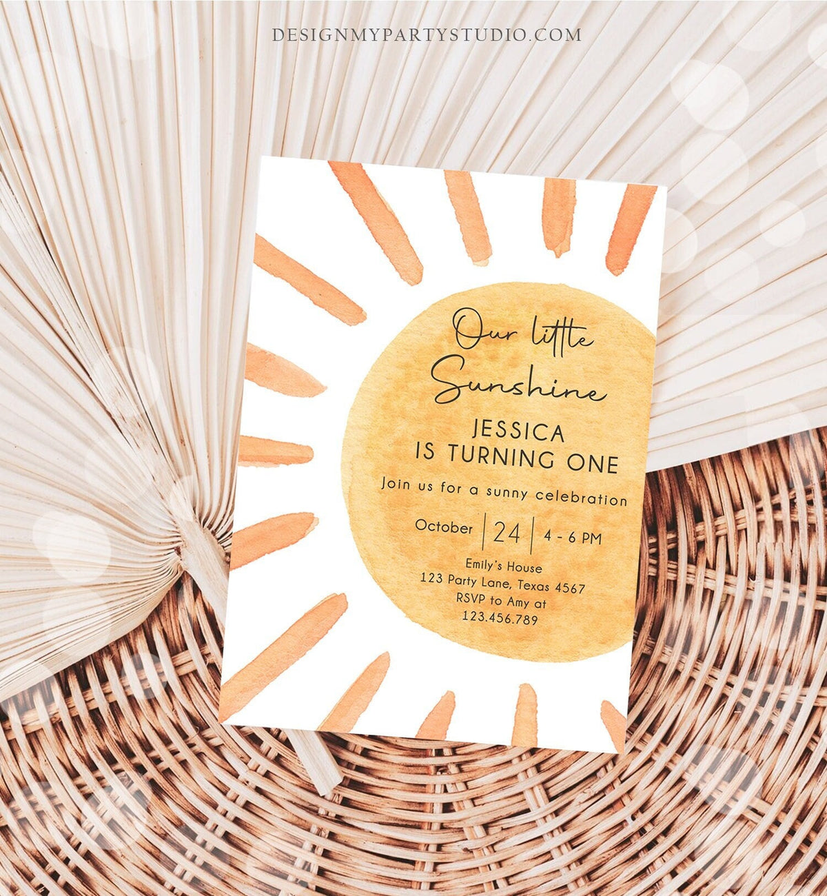 Editable Our Little Sunshine Birthday Invitation 1st Summer Sunshine Party Neutral Boho Download Printable Template Digital Corjl 0431