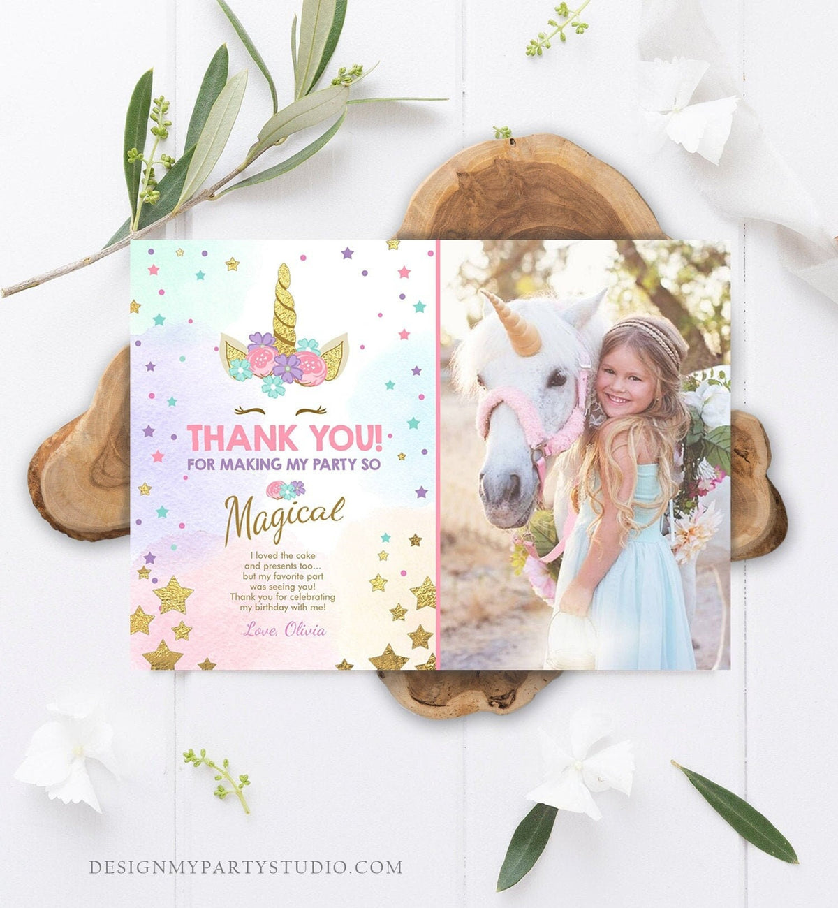 Editable Unicorn Thank You Card Girl Birthday Thank You Note Pink Gold Magical Party Baby Shower Download Corjl Template Printable 0041