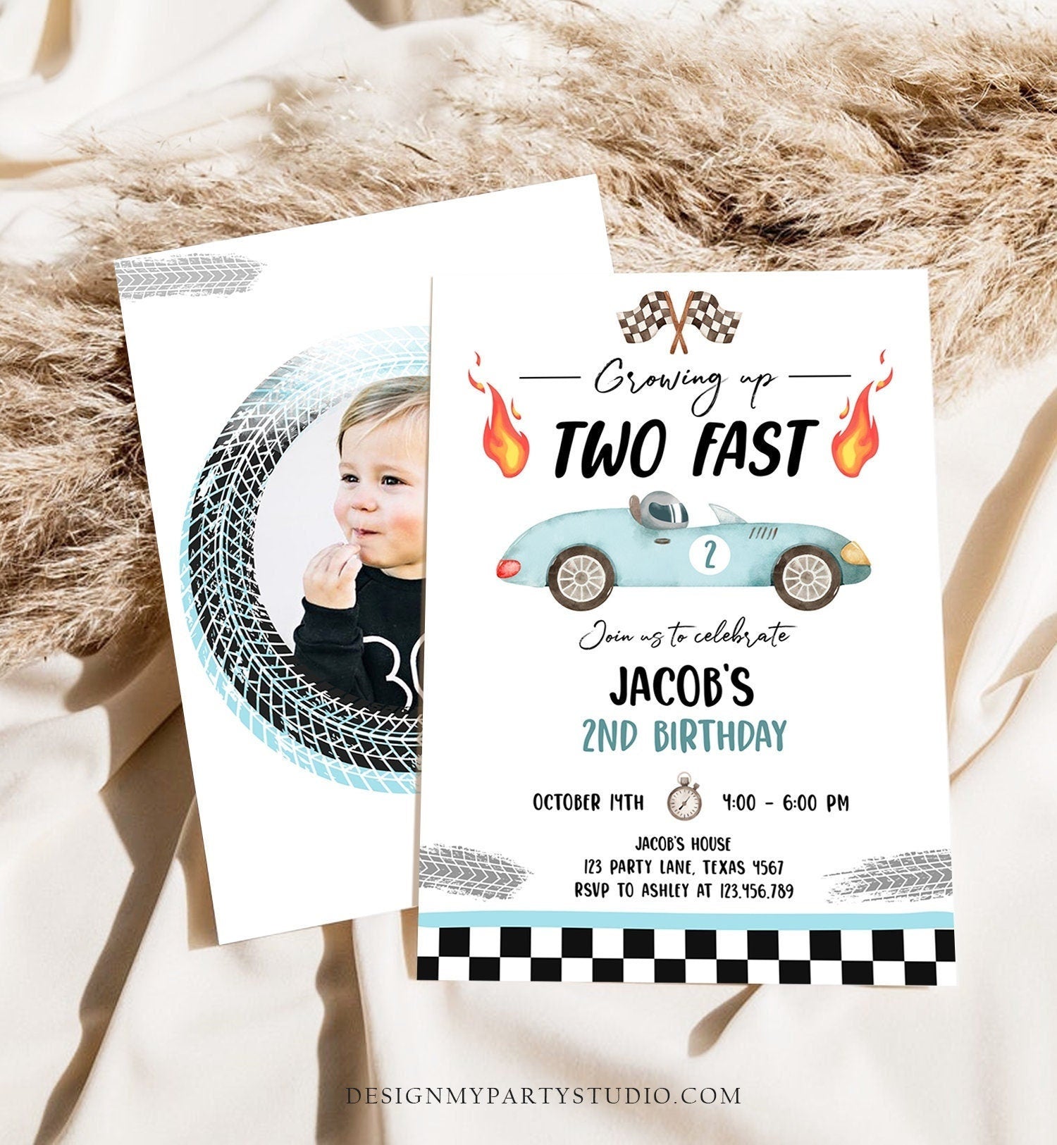 Editable Racing Car Birthday Invitation Growing Up Two Fast Invite Second Birthday 2nd Boy Download Printable Template Digital Corjl 0424