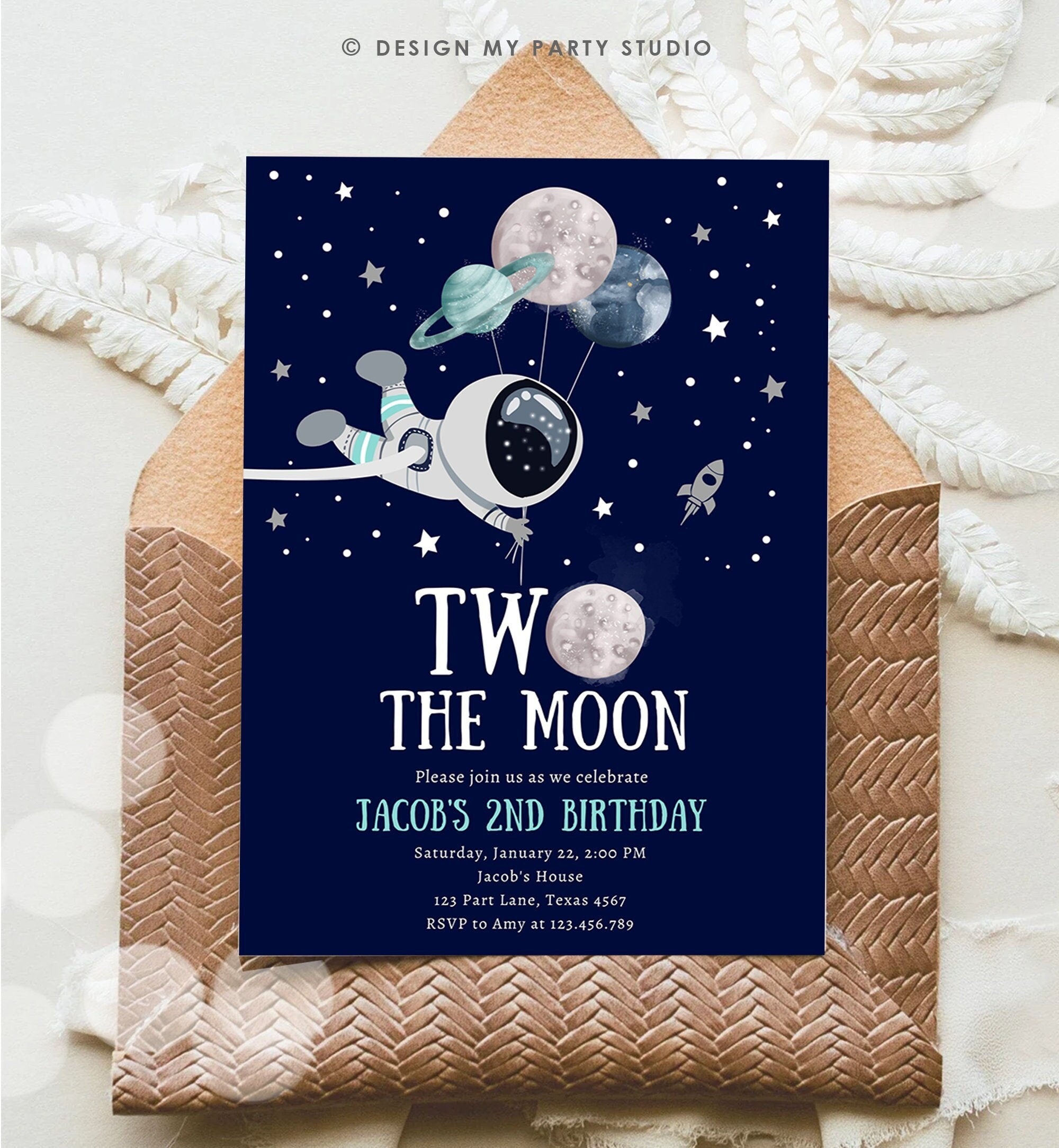 Editable Two the Moon Outer Space Birthday Invitation Out of this World Astronaut Blue Silver Boy Second 2nd Corjl Template Printable 0366