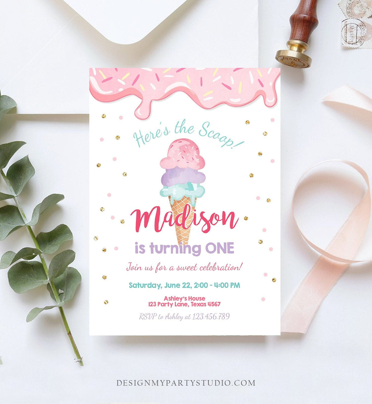 Editable Ice Cream Invitation Ice Cream Cone Birthday Invite Ice Cream Social Girl Birthday Pink Gold Download Corjl Template Printable 0243