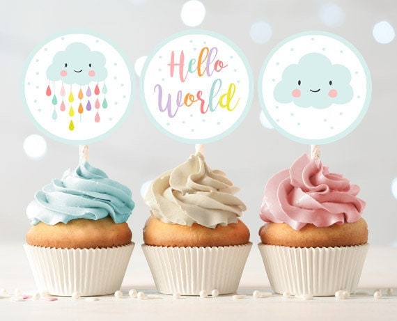 Cloud Baby Shower Cupcake Toppers Favor Tags Rain Cloud Decoration Baby Sprinkle Rainbow Raindrops Neutral download Digital PRINTABLE 0036