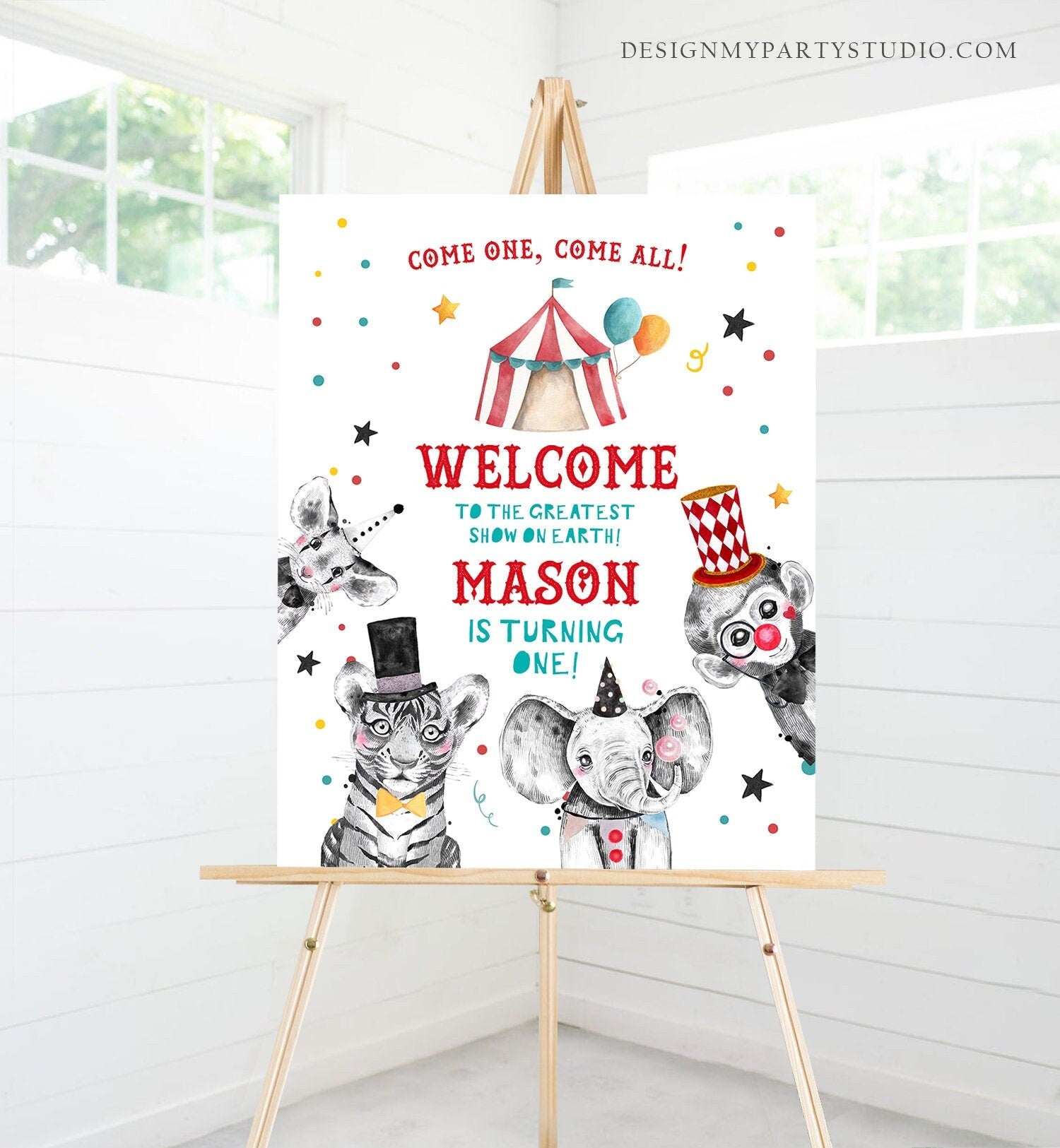 Editable Circus Welcome Sign Carousal Birthday Sign Carnival Welcome Boy Amusement Park Come One Come All Red Template PRINTABLE Corjl 0355