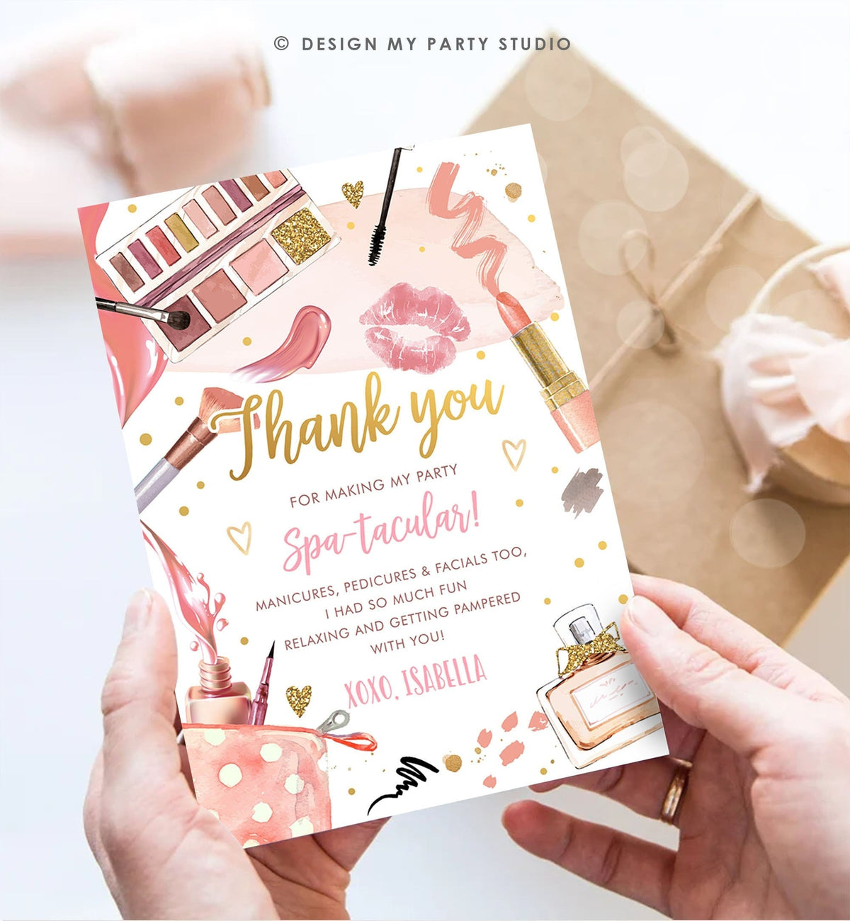 Editable Spa Party Thank You Card Glamour Party Thank You Note Spa Birthday Girl Make Up Party Glam Pink Digital Corjl Template 0420