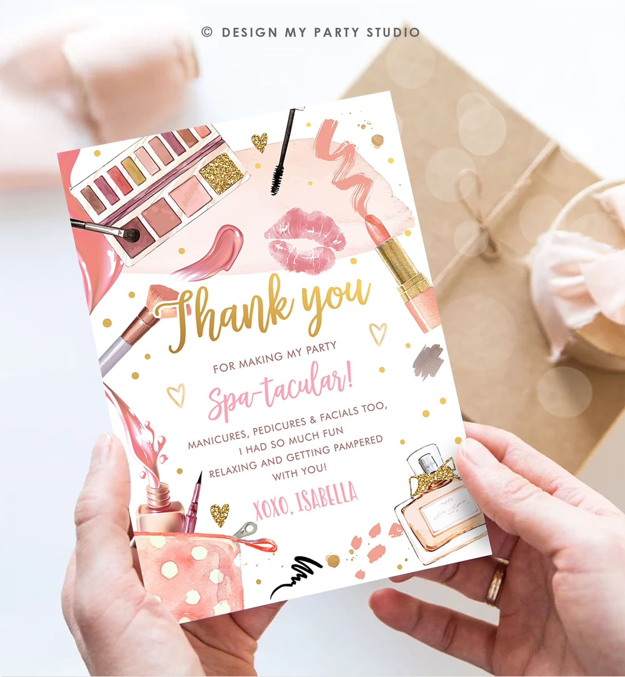 Editable Spa Party Thank You Card Glamour Party Thank You Note Spa Birthday Girl Make Up Party Glam Pink Digital Corjl Template 0420