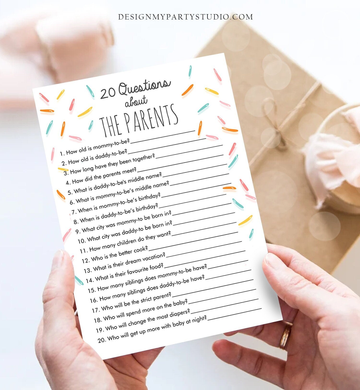 Editable 20 Questions About the Parents Baby Sprinkle Game Baby Shower Gender Neutral Sprinkles Rainbow Corjl Template Printable 0216