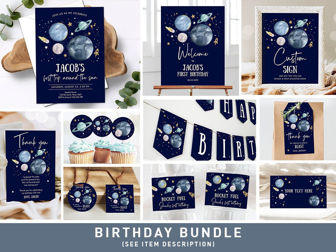 Space Birthday Invitation Bundle Space Party 1st Birthday First Trip Around the Sun Galaxy Boy Astronaut Blast Printable Corjl Template 0357