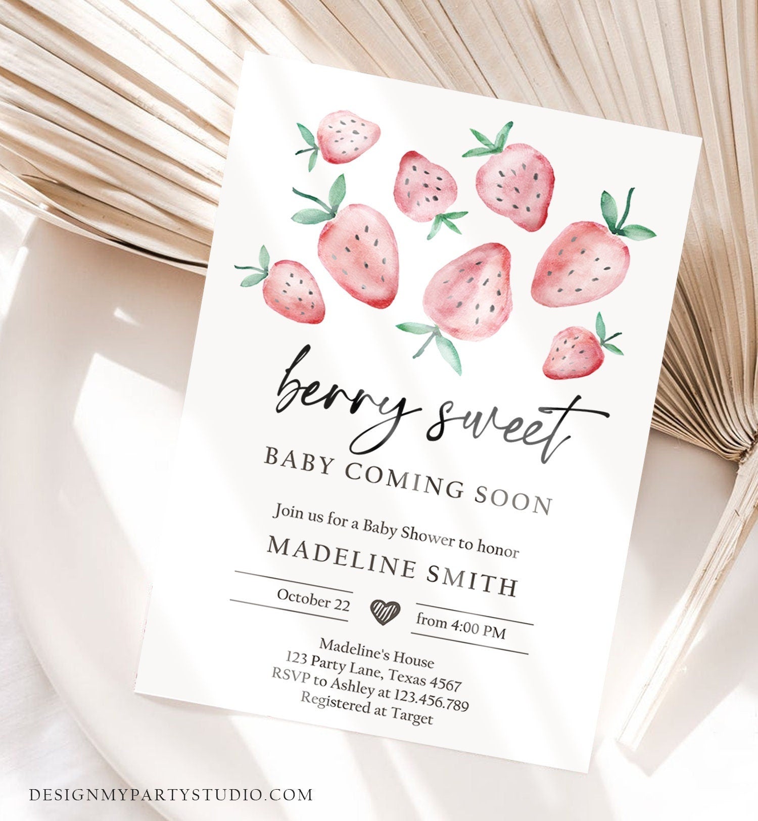 Editable Strawberry Baby Shower Invitation Cute Berry Sweet Baby Girl Strawberries Summer Digital Download Evite Template Printable 0399