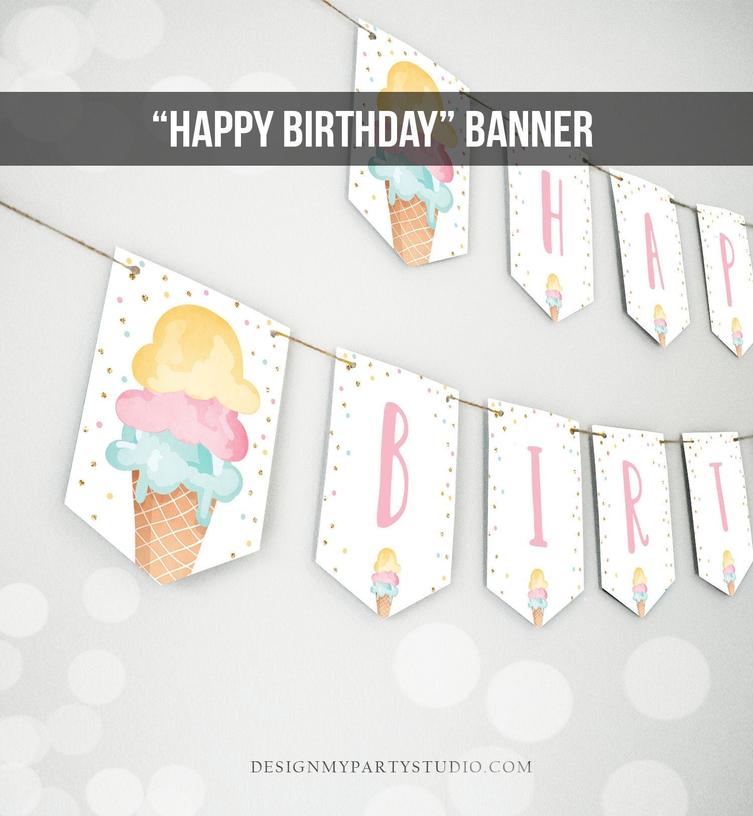 Happy Birthday Banner Pink Ice Cream Birthday Banner Ice Cream Party Girl Birthday Decorations Instant download PRINTABLE DIGITAL DIY 0243