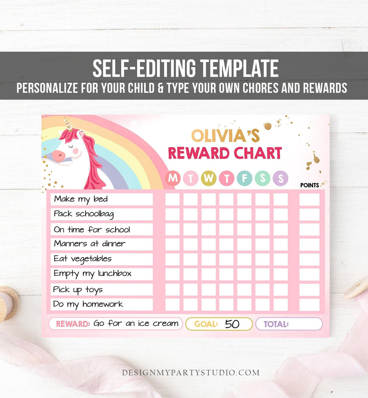 Editable Unicorn Reward Chart for Girls Unicorn Chore Chart for Kids Routine Chart Pink Purple Rainbow Gold Printable Corjl Template 0323