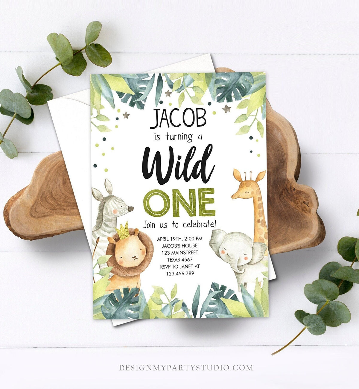 Editable Wild One Birthday Invitation Safari Animals Jungle Safari Birthday Black Gold Download Printable Invitation Template Corjl 0163