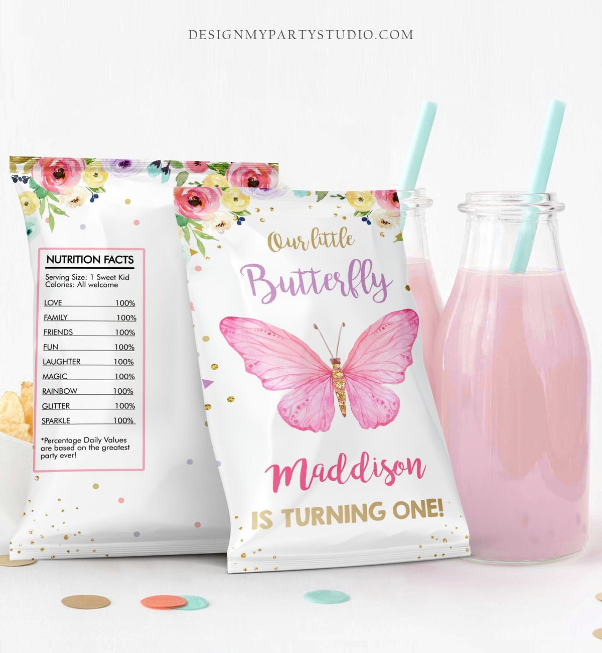 Editable Butterfly Chip Bag Birthday Party Baby Shower Decor Girl Watercolor Purple Lavender Floral Snack Favors Digital Corjl Template 0162