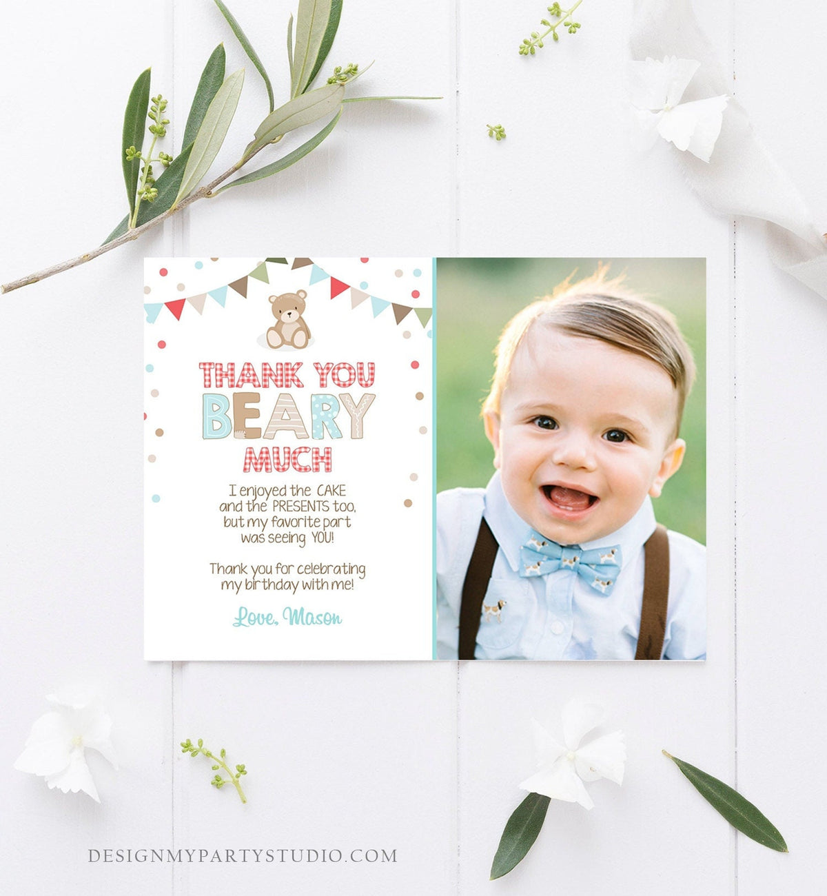 Editable Thank You Card Teddy Bear Birthday Picnic Beary Much Boy Blue Woodland Download Printable Thank You Template Digital Corjl 0100