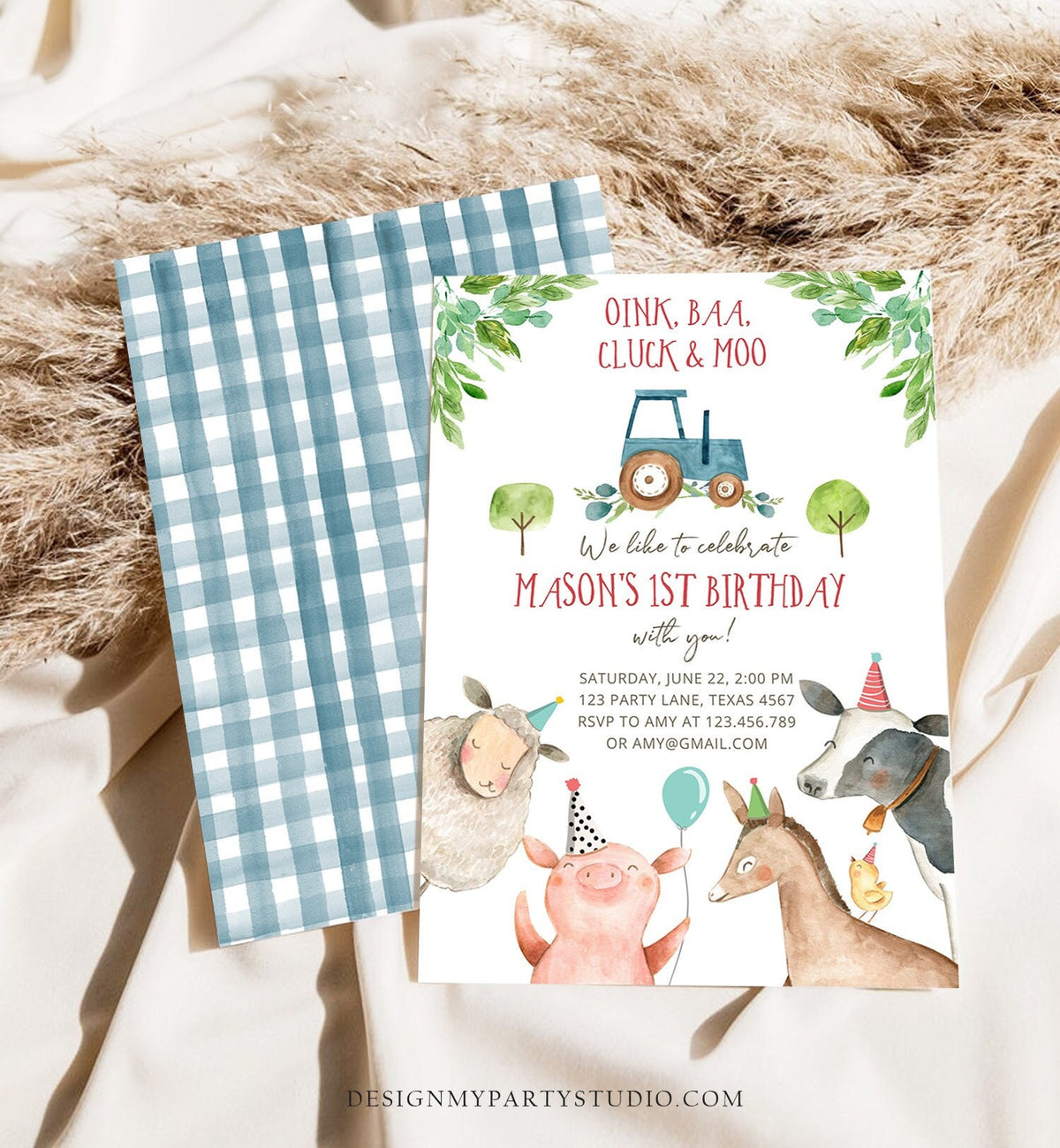 Editable Farm Birthday Invitation Boy Farm Animals Blue Tractor Barnyard Barn Birthday Party Animals Digital Corjl Template Printable 0155