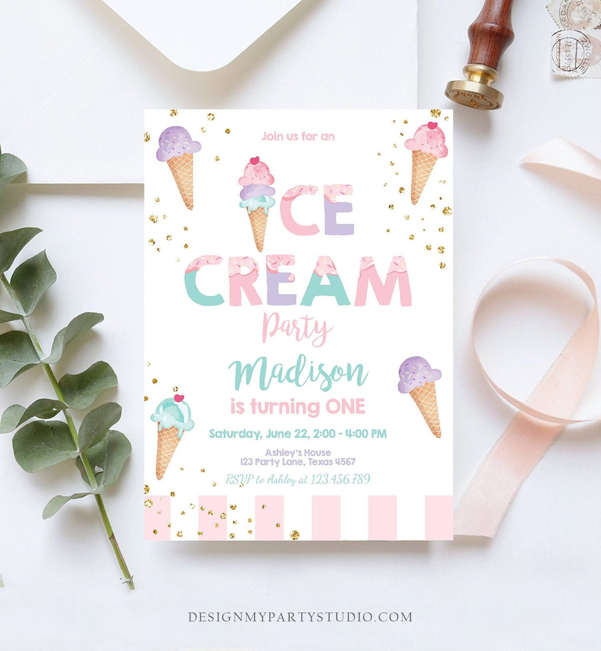 Editable Ice Cream Birthday Invitation First Birthday Party Here&amp;#39;s the Scoop Cone Ice Cream Social Download Corjl Template Printable 0243