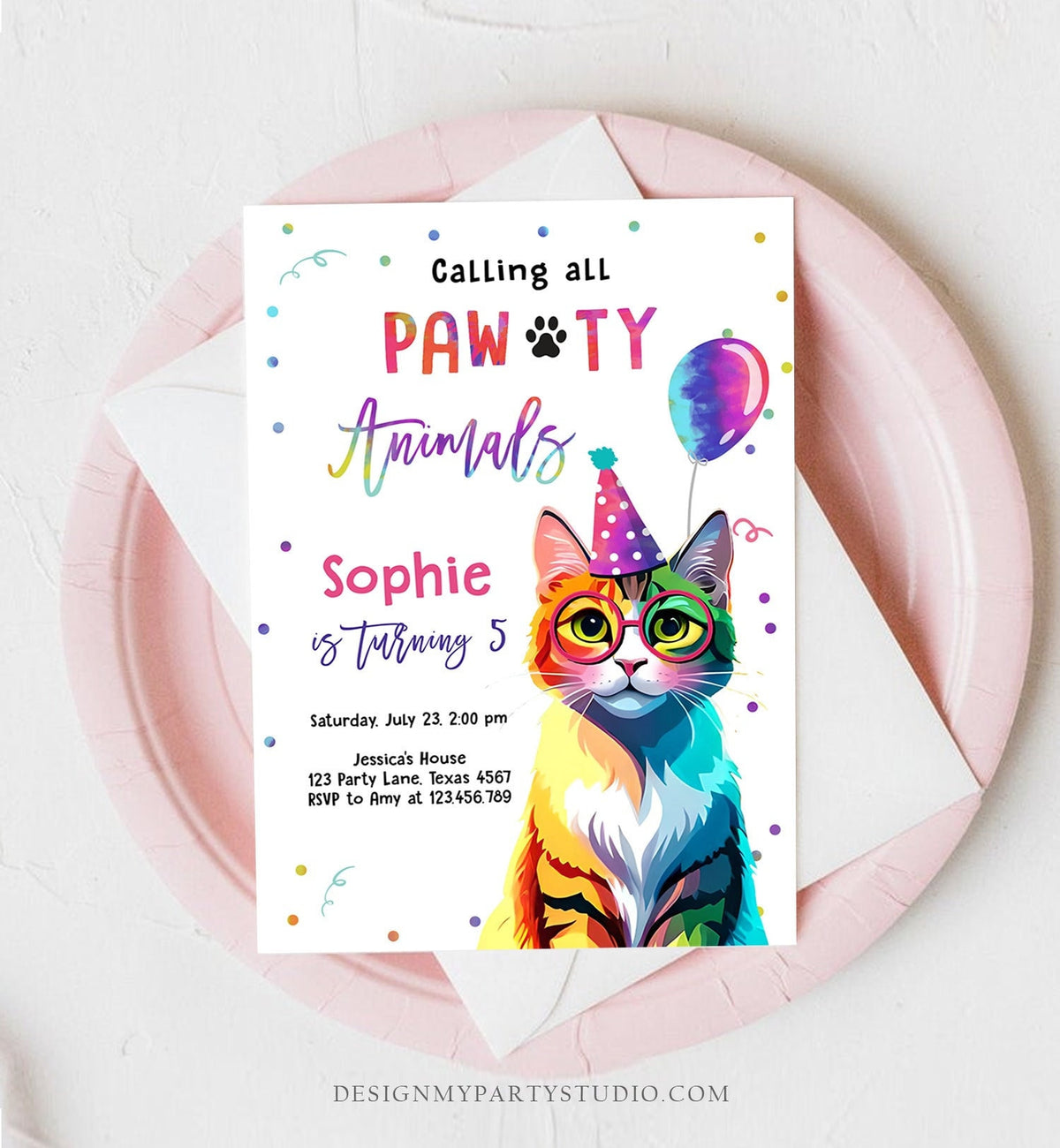 Editable Cat Birthday Party Invitation Kitten Birthday Invite Calling All Pawty Animals Party Animals Download Printable Template Corjl 0476