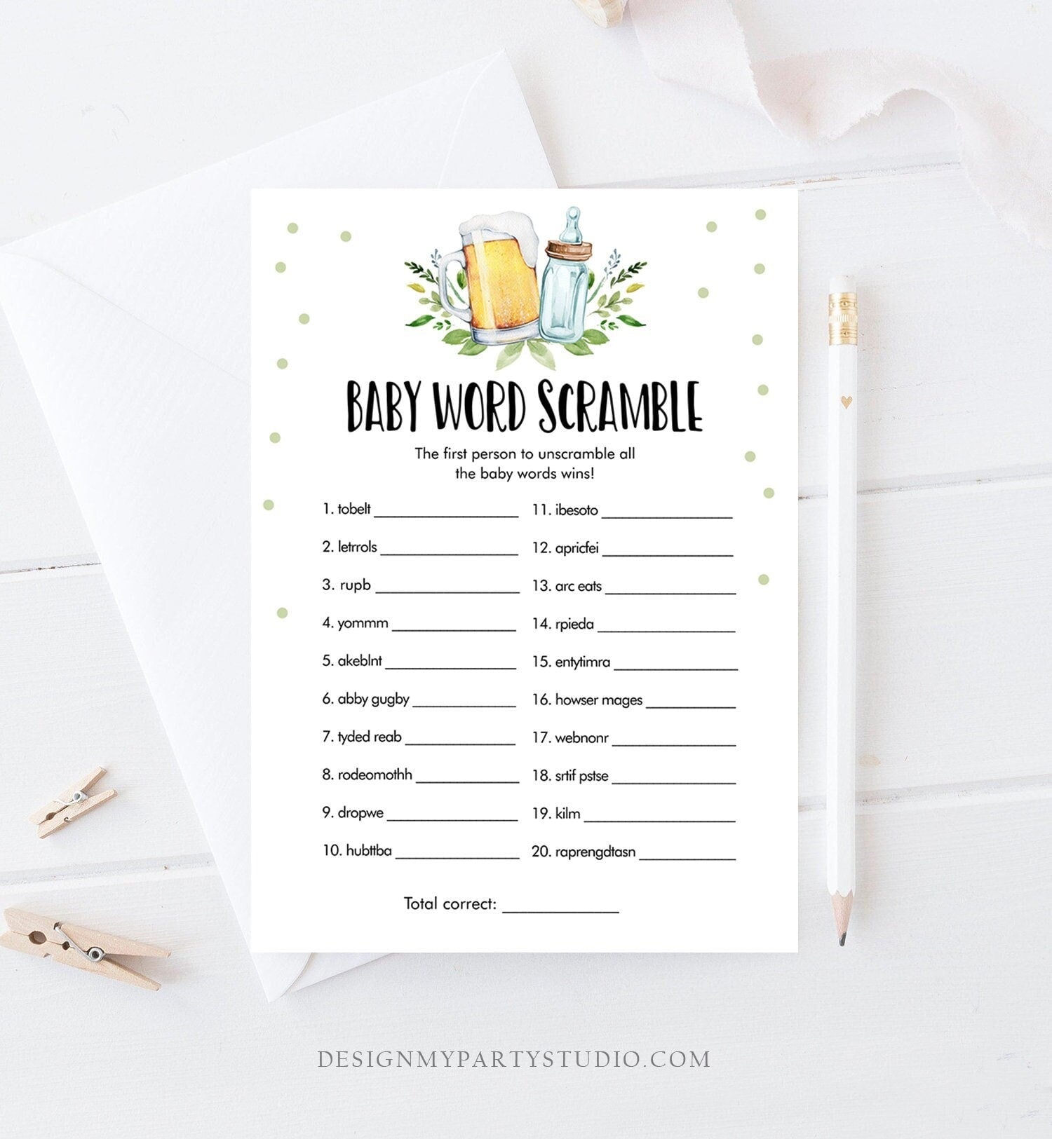 Editable Word Scramble Baby Shower Game Word Search Greenery Baby is Brewing Shower Activity Beer Bottle Corjl Template Printable 0190