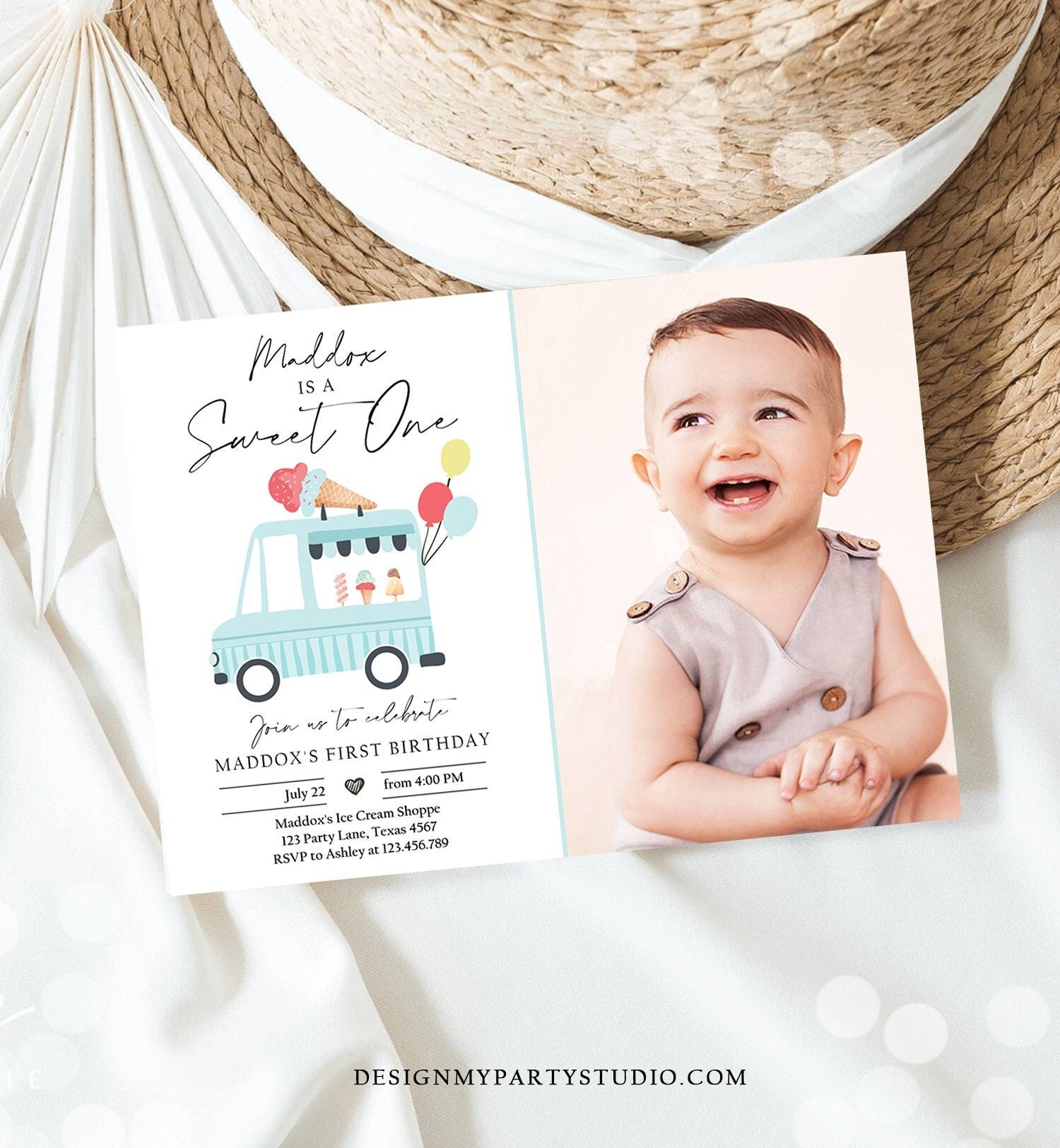 Editable Ice Cream Truck Birthday Invitation Boy Ice Cream Sweet One Modern 1st Birthday Party First Download Printable Template Corjl 0415