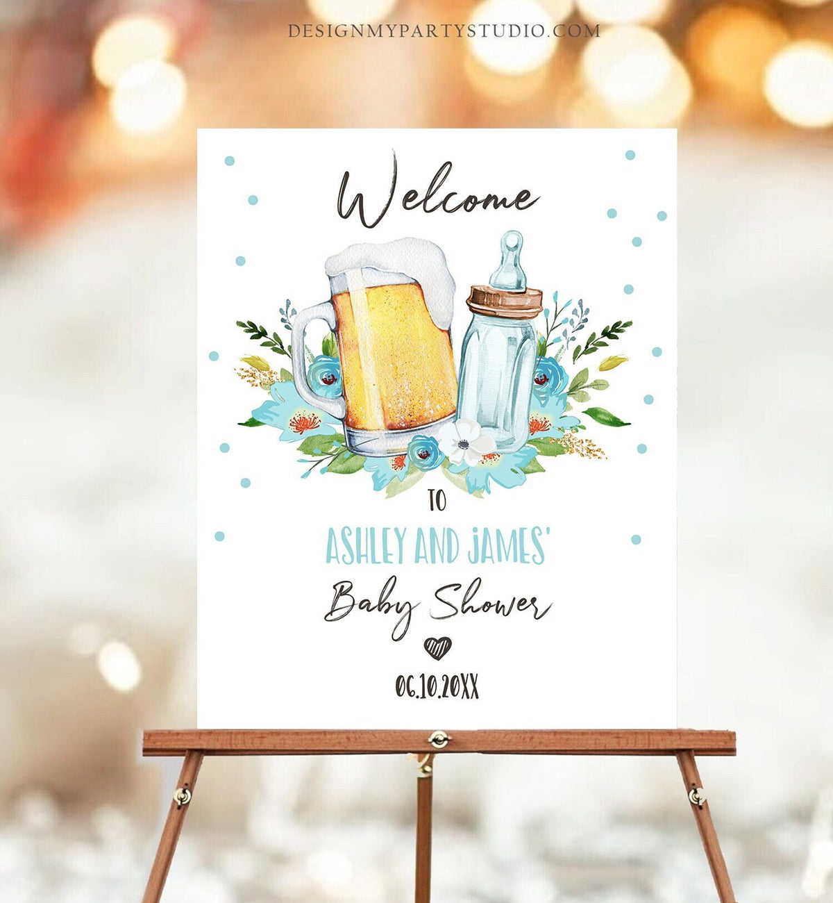 Editable A Baby is Brewing Welcome Sign Brewing Baby Shower Bottle and Beers Cheers Coed Couples Shower Gender Boy Blue Corjl Template 0190